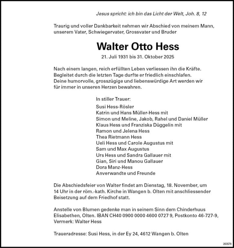 Walter Otto Hess 1931 Todesanzeige / Anzeiger Thal Gäu Olten