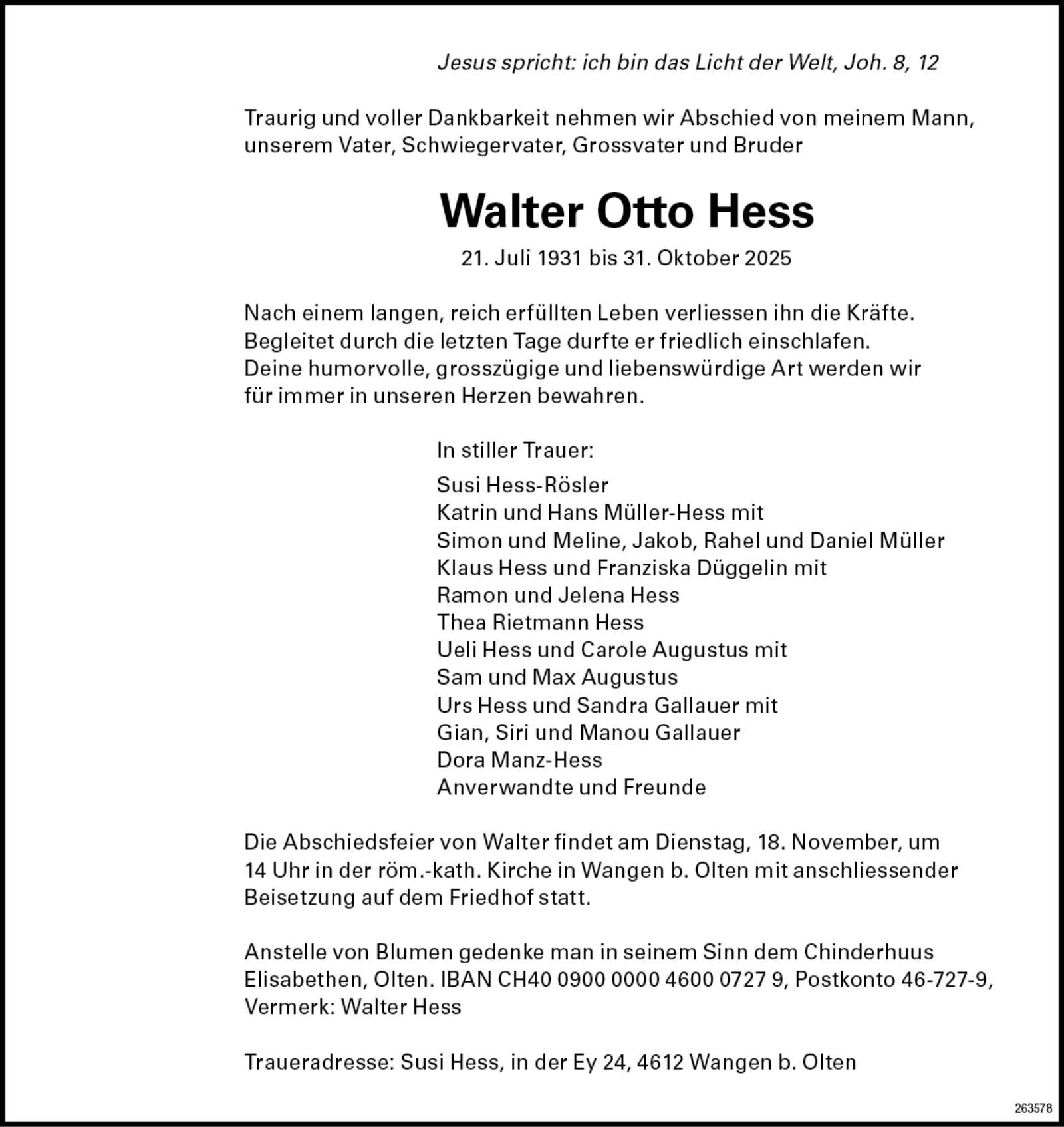Walter Otto Hess 1931 Todesanzeige / Anzeiger Thal Gäu Olten