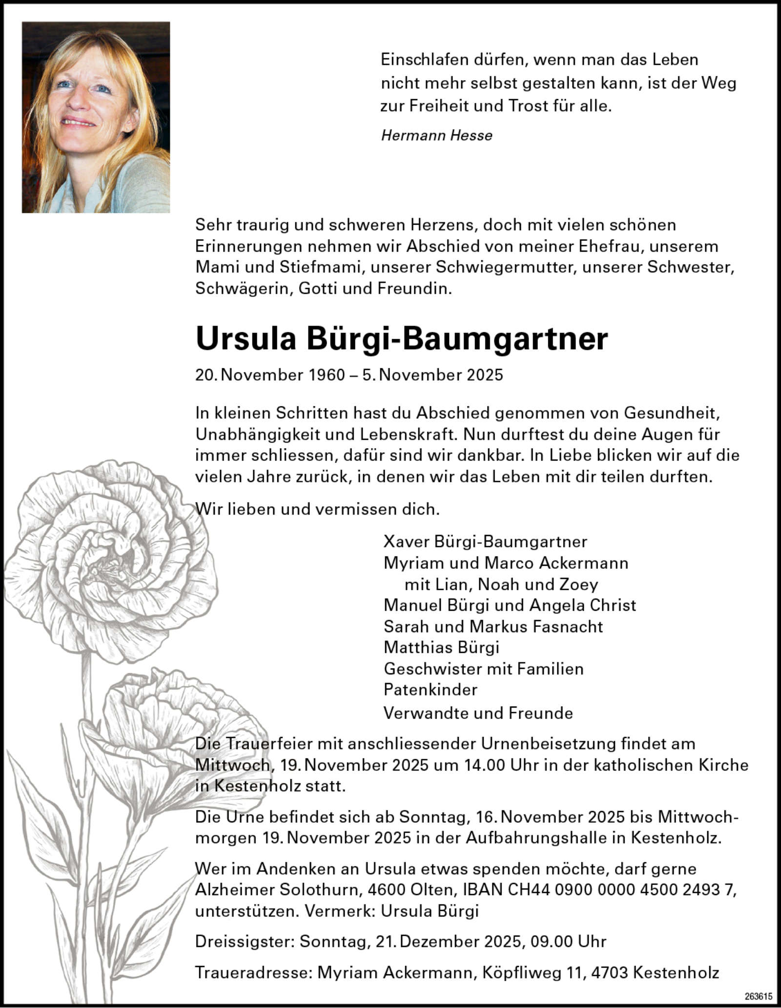 Ursula Bürgi-Baumgartner 1960 Todesanzeige / Anzeiger Thal Gäu Olten