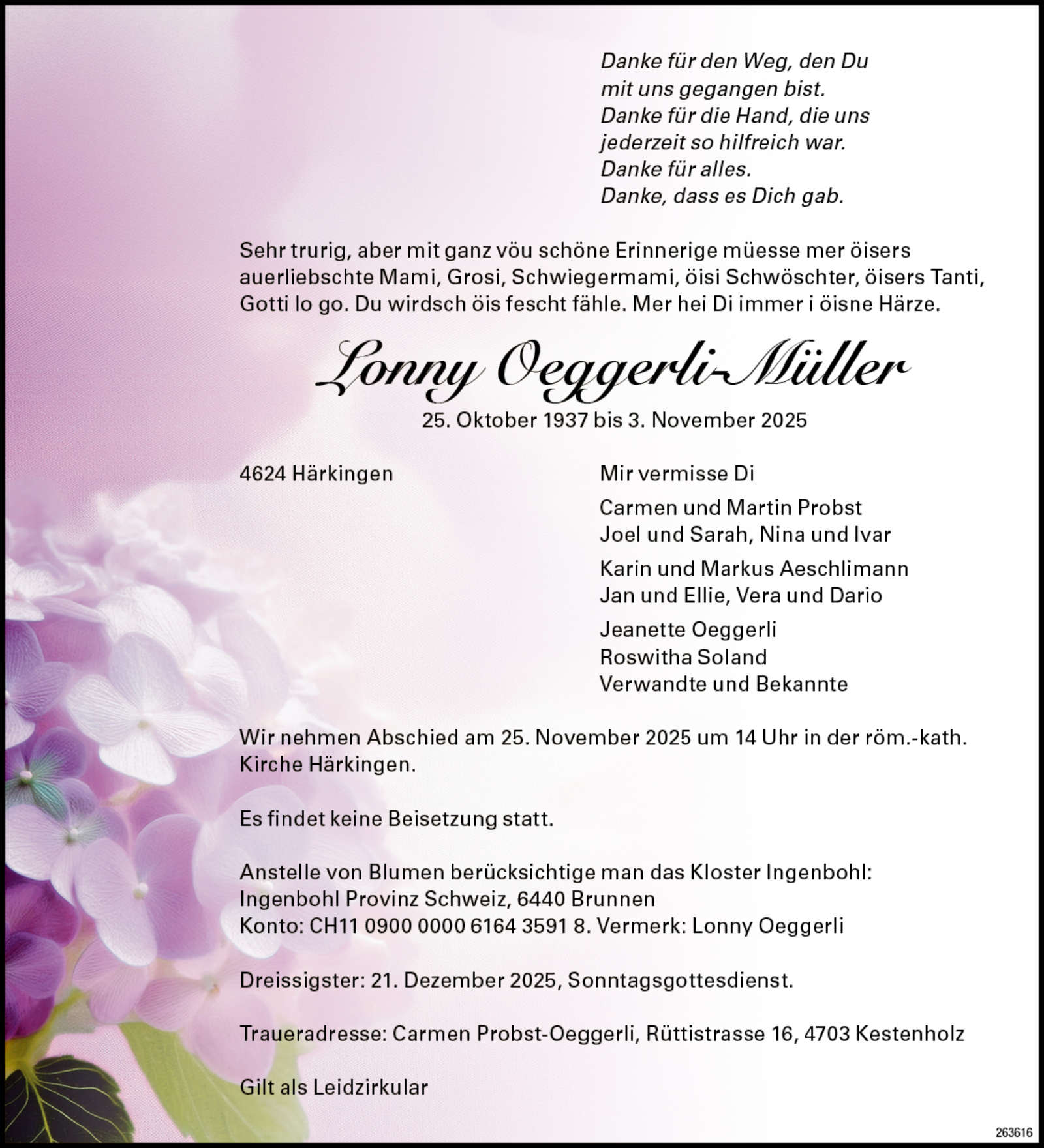 Lonny Oeggerli-Müller 1937 Todesanzeige / Anzeiger Thal Gäu Olten