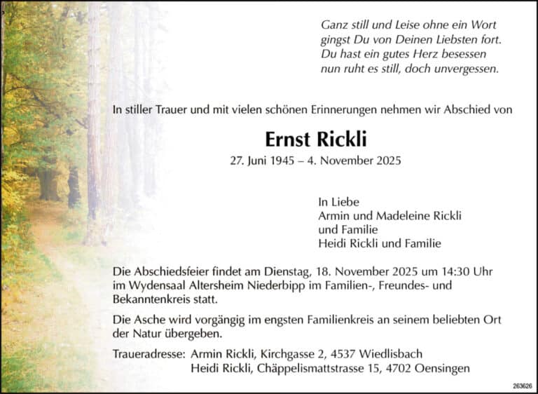 Ernst Rickli 1945 Todesanzeige / Anzeiger Thal Gäu Olten