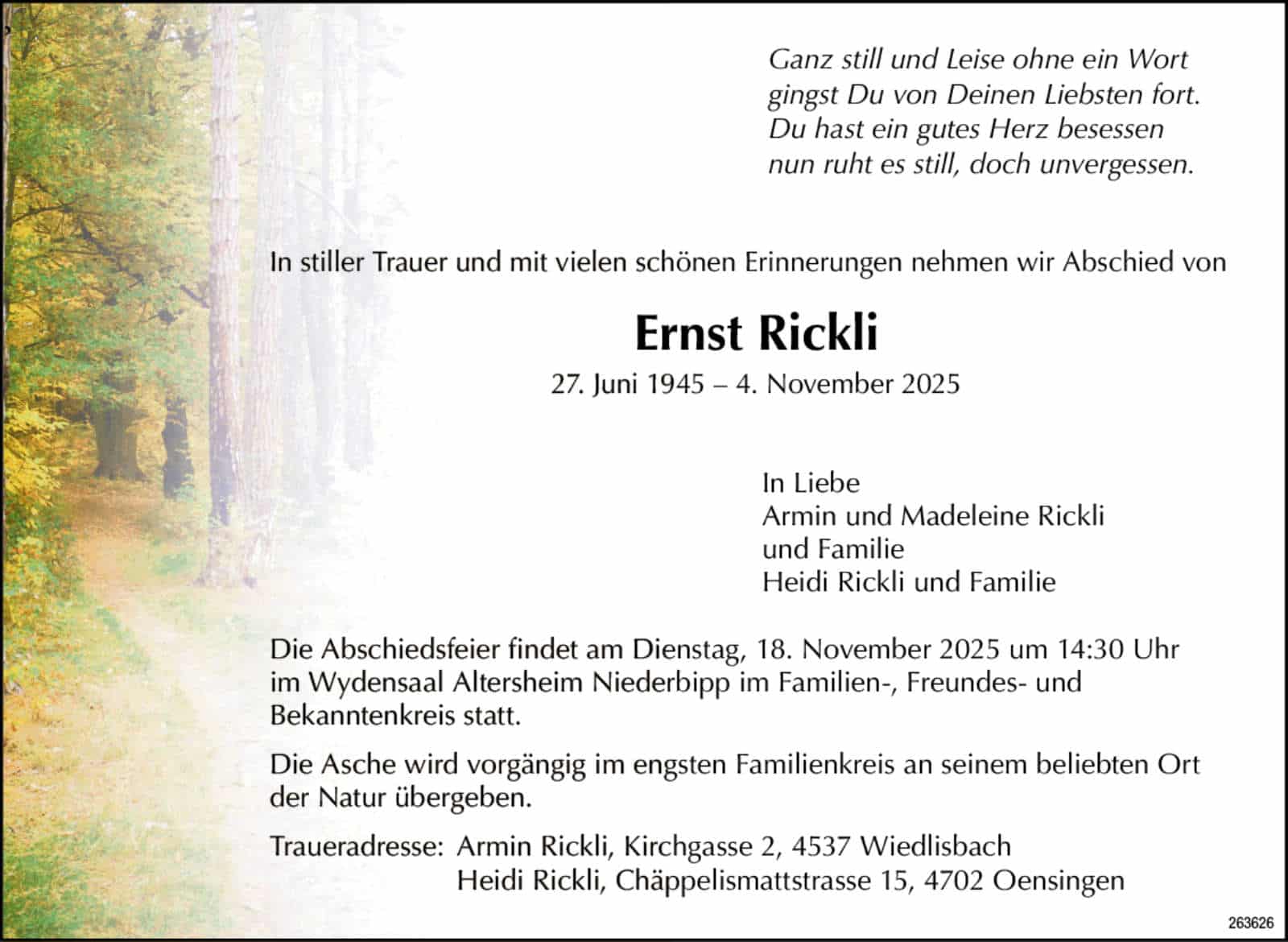 Ernst Rickli 1945 Todesanzeige / Anzeiger Thal Gäu Olten