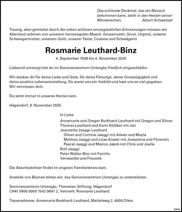 Rosmarie Leuthard-Binz 1936 Todesanzeige / Anzeiger Thal Gäu Olten