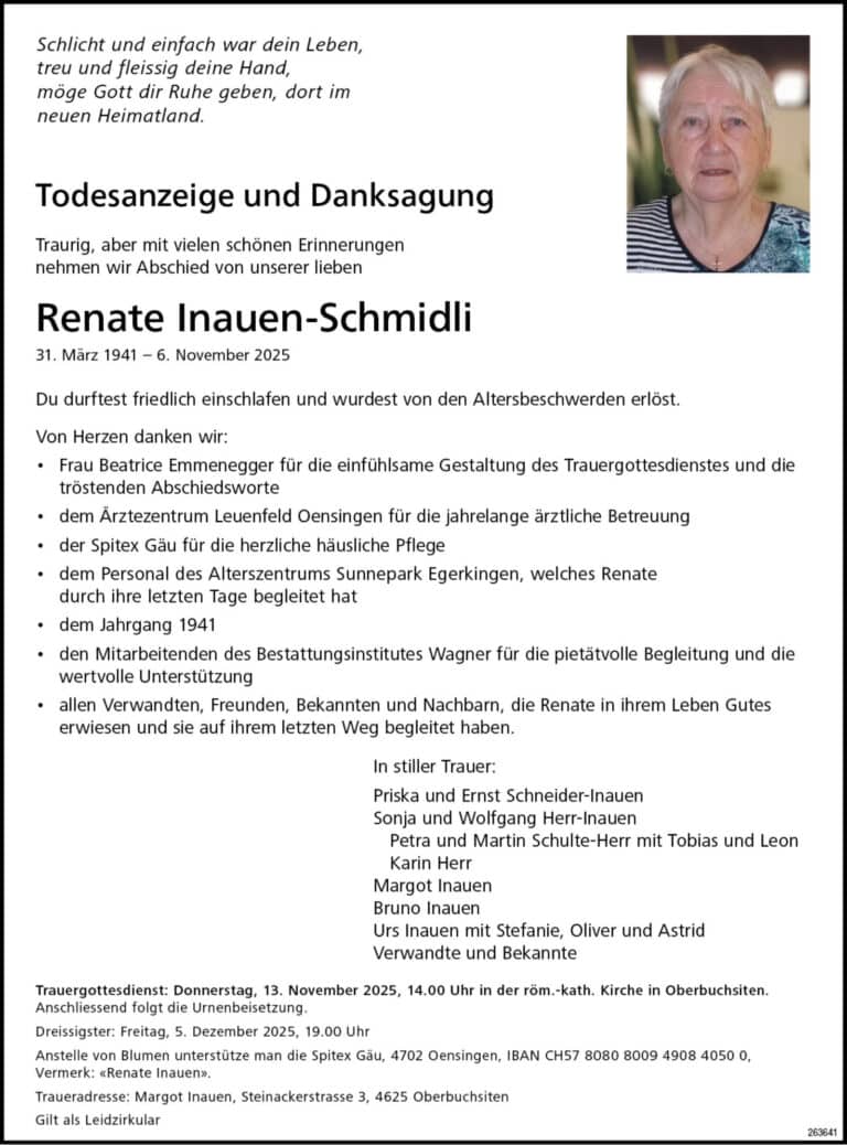 Renate Inauen-Schmidli 1941 Todesanzeige / Anzeiger Thal Gäu Olten