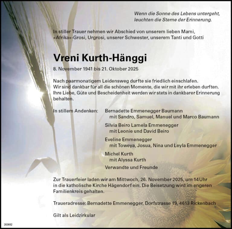 Vreni Kurth-Hänggi 1941 Todesanzeige / Anzeiger Thal Gäu Olten