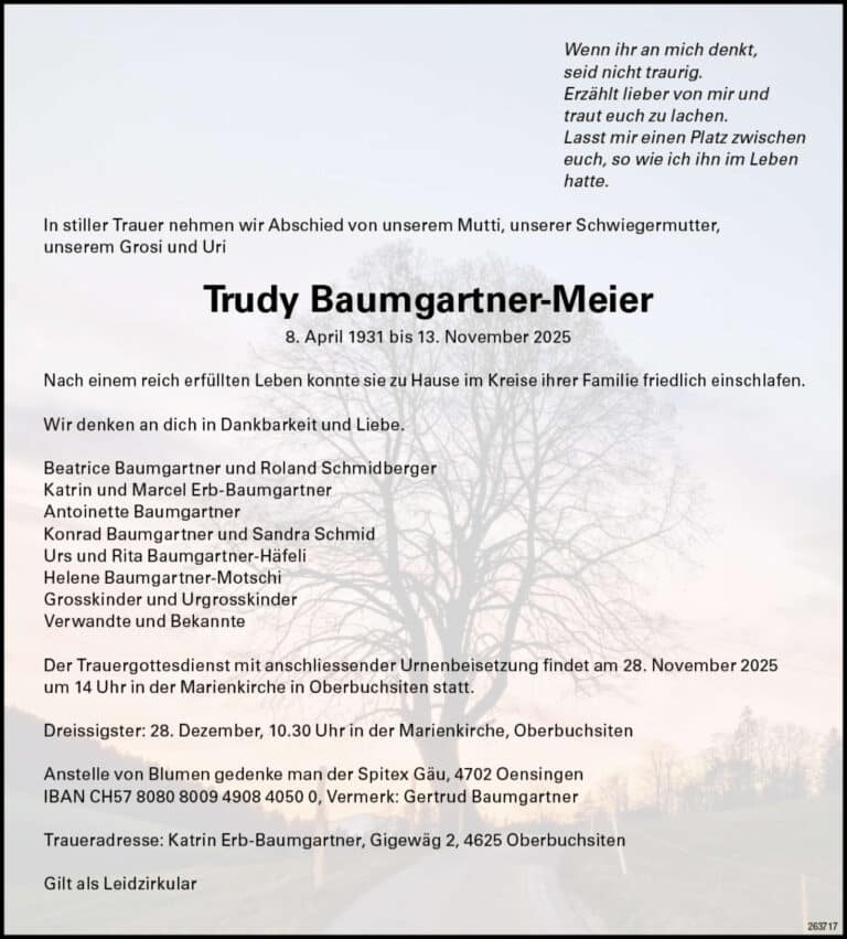 Trudy Baumgartner-Meier 1931 Todesanzeige / Anzeiger Thal Gäu Olten