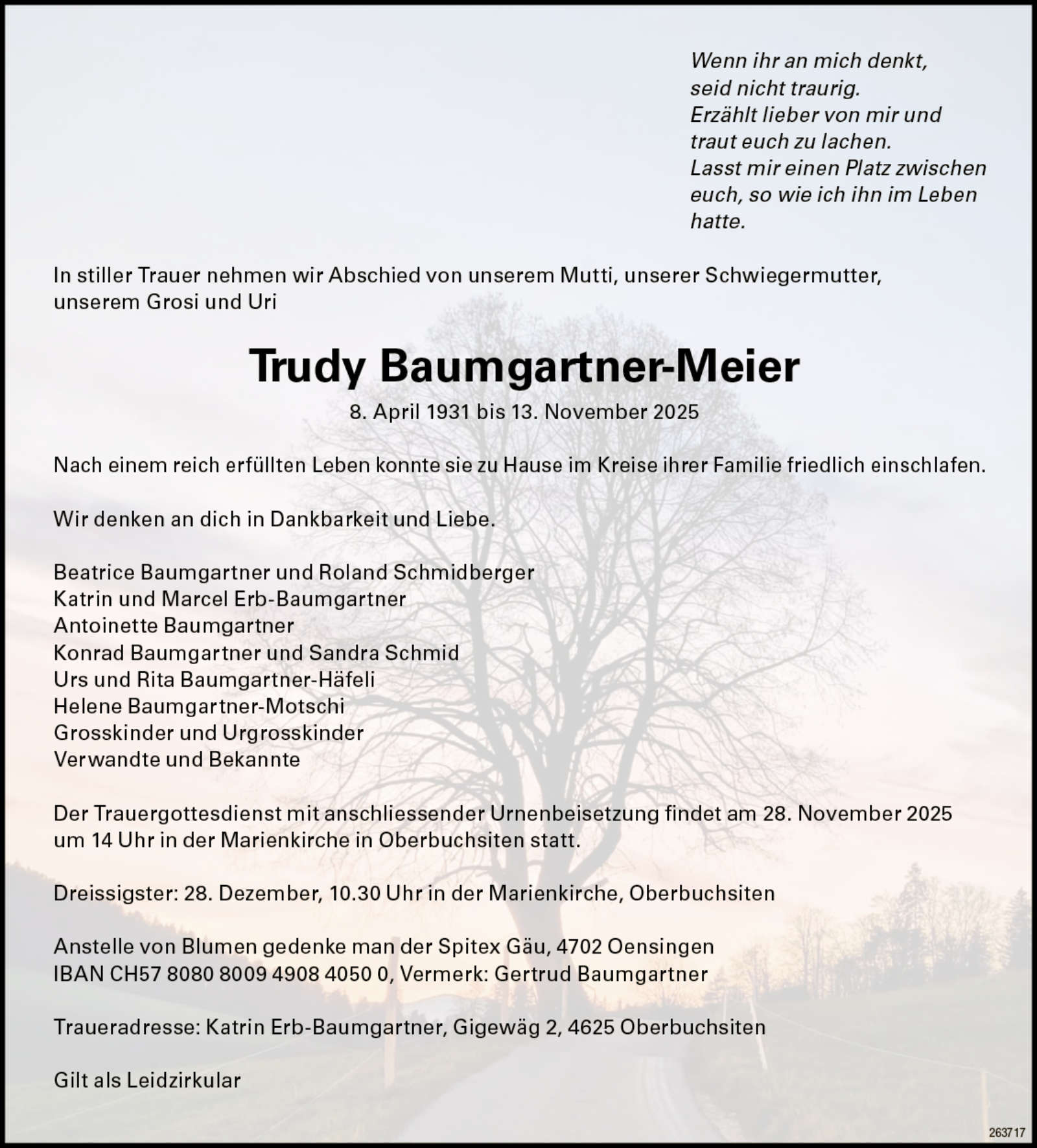 Trudy Baumgartner-Meier 1931 Todesanzeige / Anzeiger Thal Gäu Olten