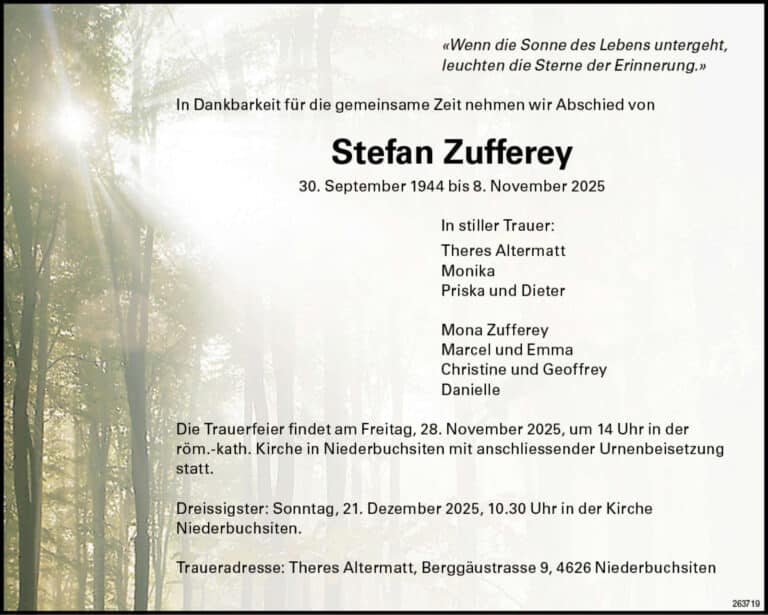 Stefan Zufferey 1944 Todesanzeige / Anzeiger Thal Gäu Olten