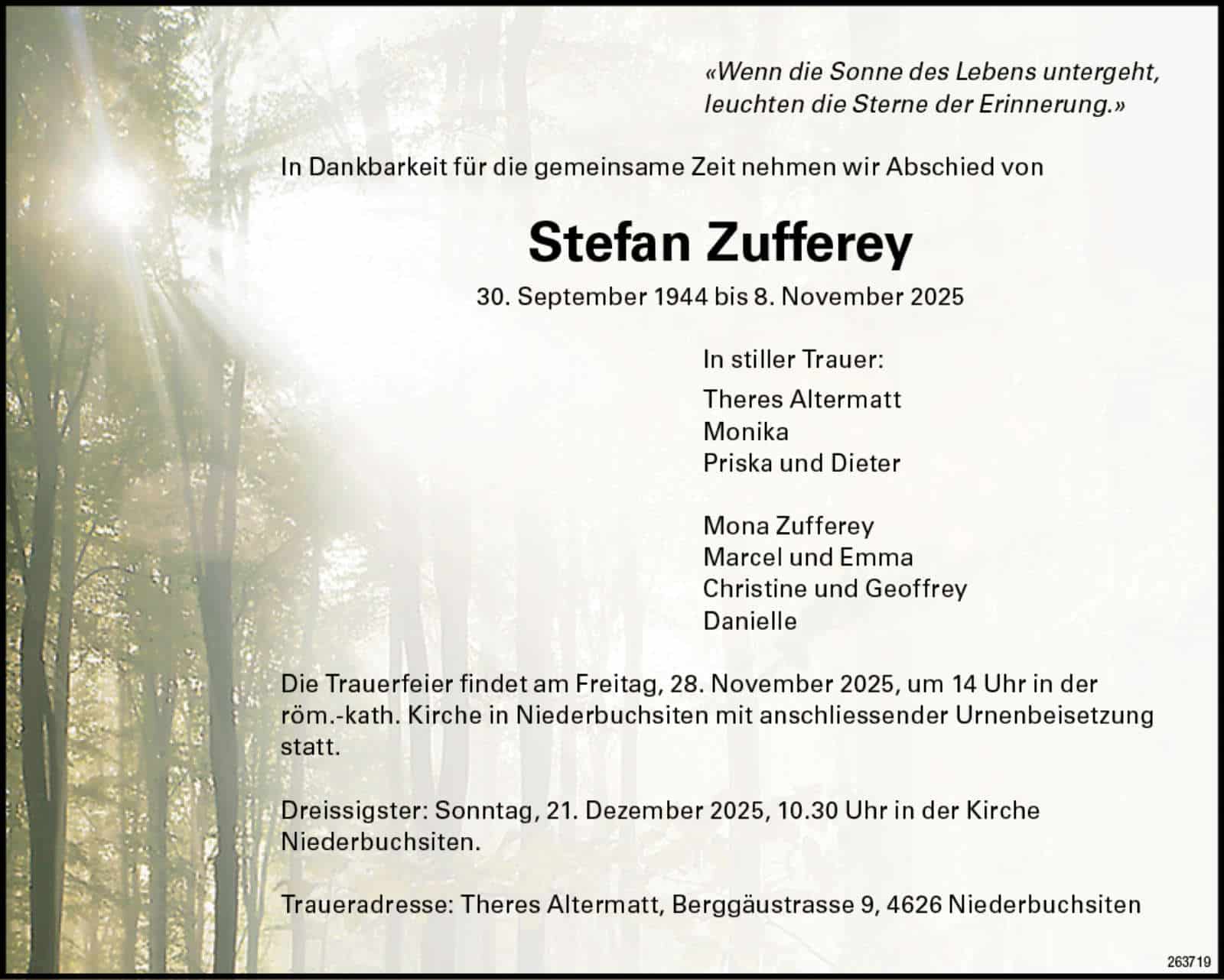 Stefan Zufferey 1944 Todesanzeige / Anzeiger Thal Gäu Olten