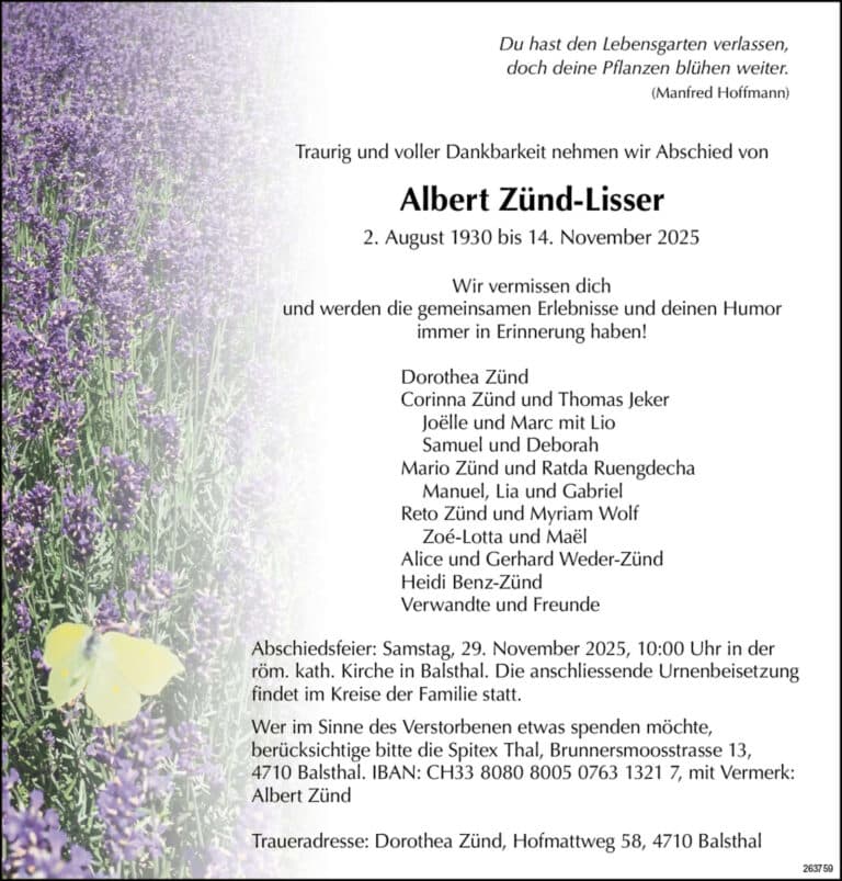 Albert Zünd-Lisser 1930 Todesanzeige / Anzeiger Thal Gäu Olten