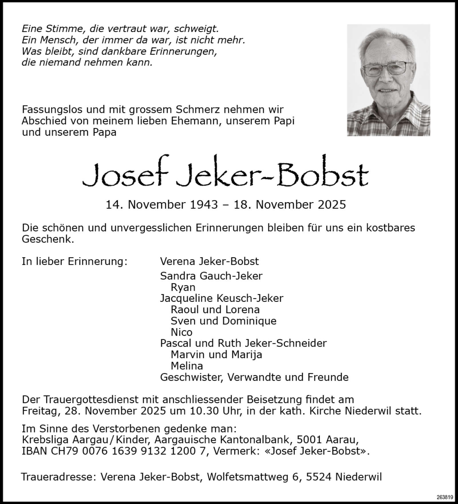 Josef Jeker-Bobst 1943 Todesanzeige / Anzeiger Thal Gäu Olten
