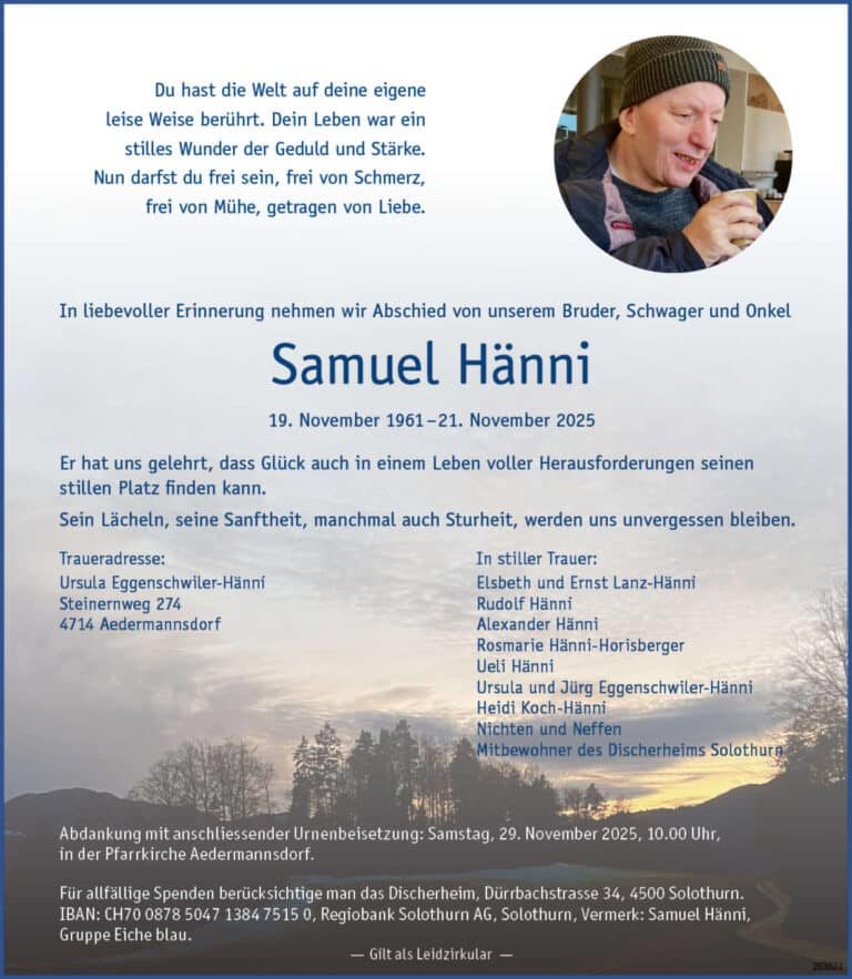 Samuel Hänni 1961 Todesanzeige / Anzeiger Thal Gäu Olten