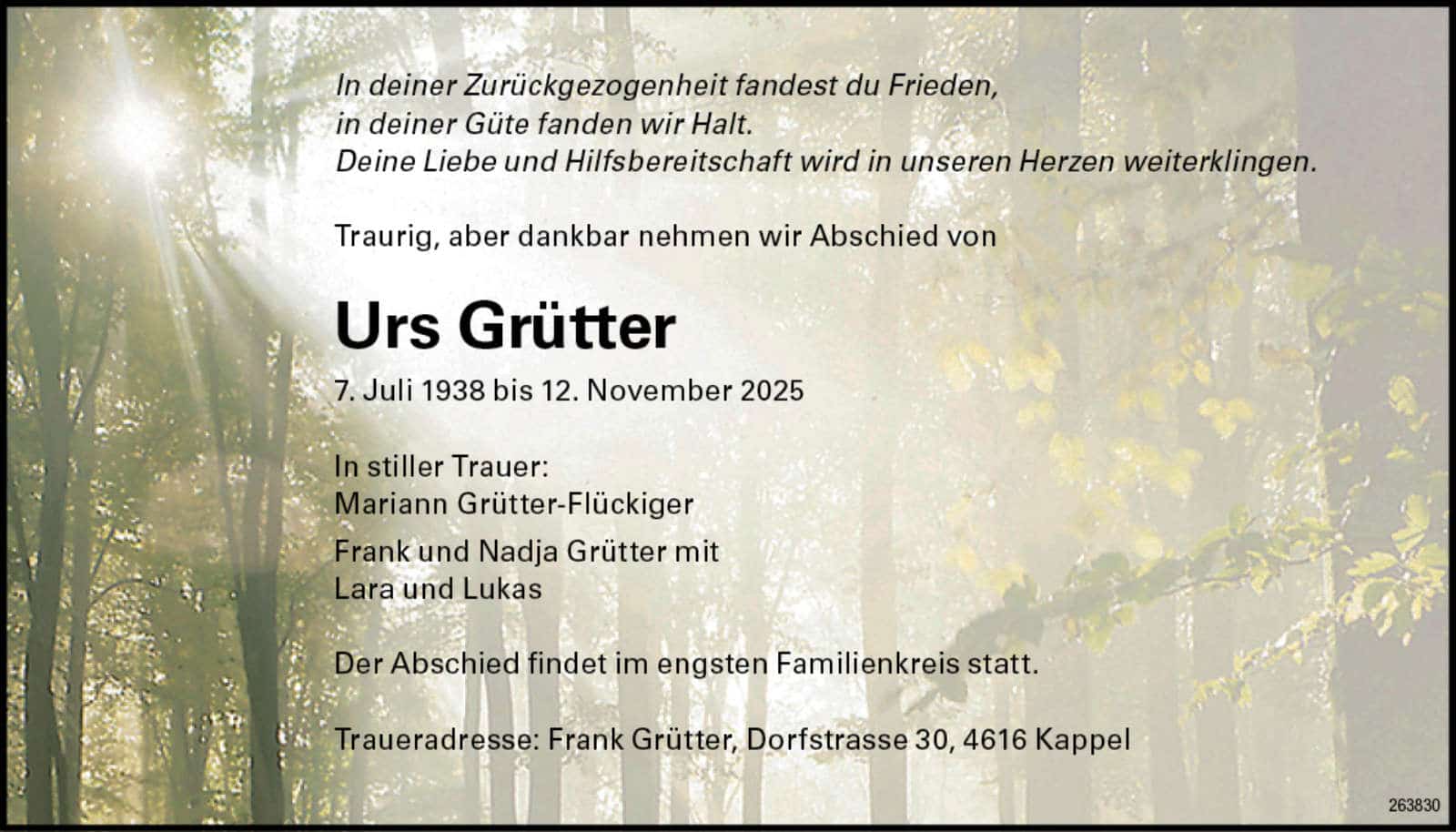 Urs Grütter 1938 Todesanzeige / Anzeiger Thal Gäu Olten