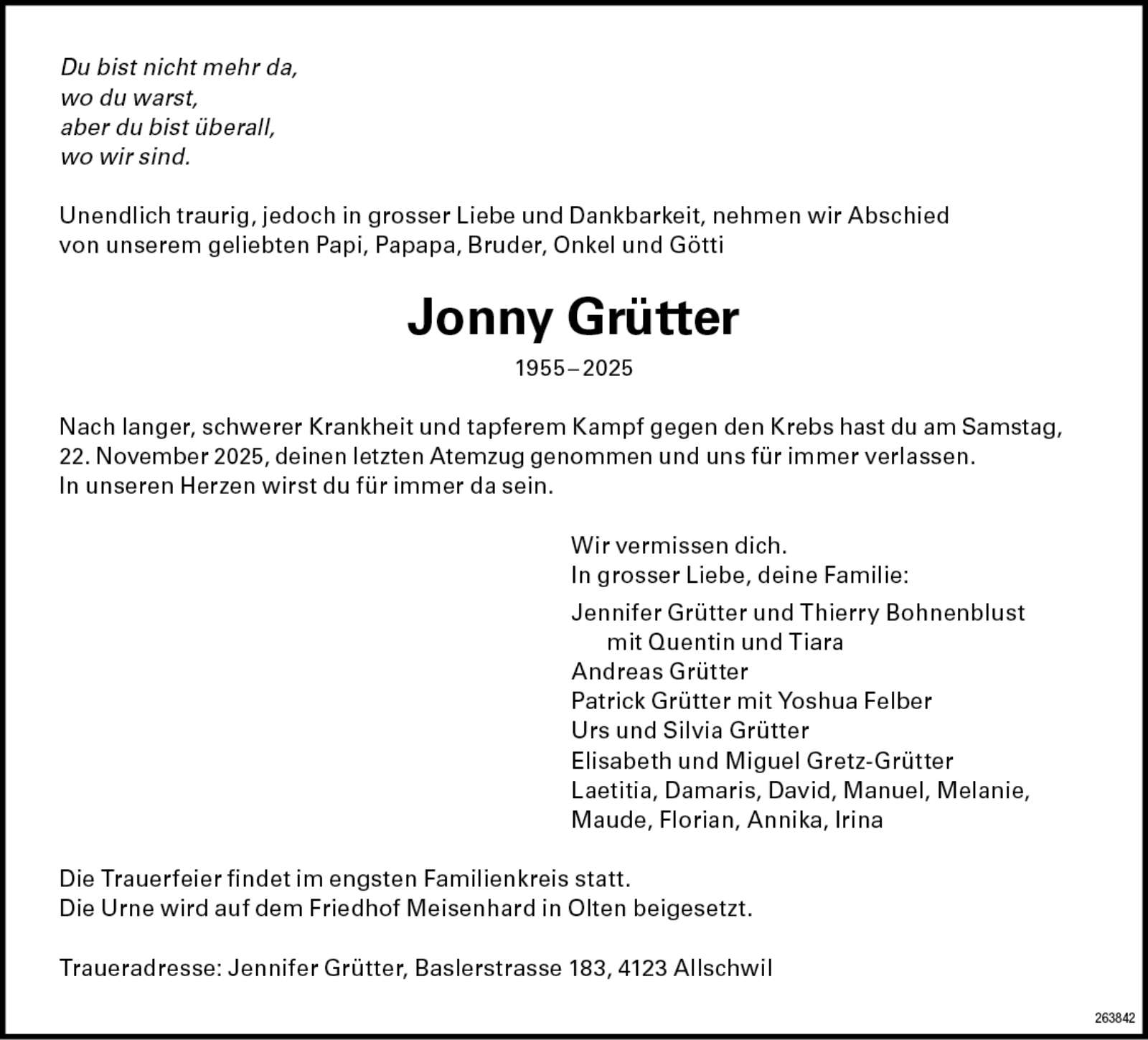 Jonny Grütter 1955 Todesanzeige / Anzeiger Thal Gäu Olten