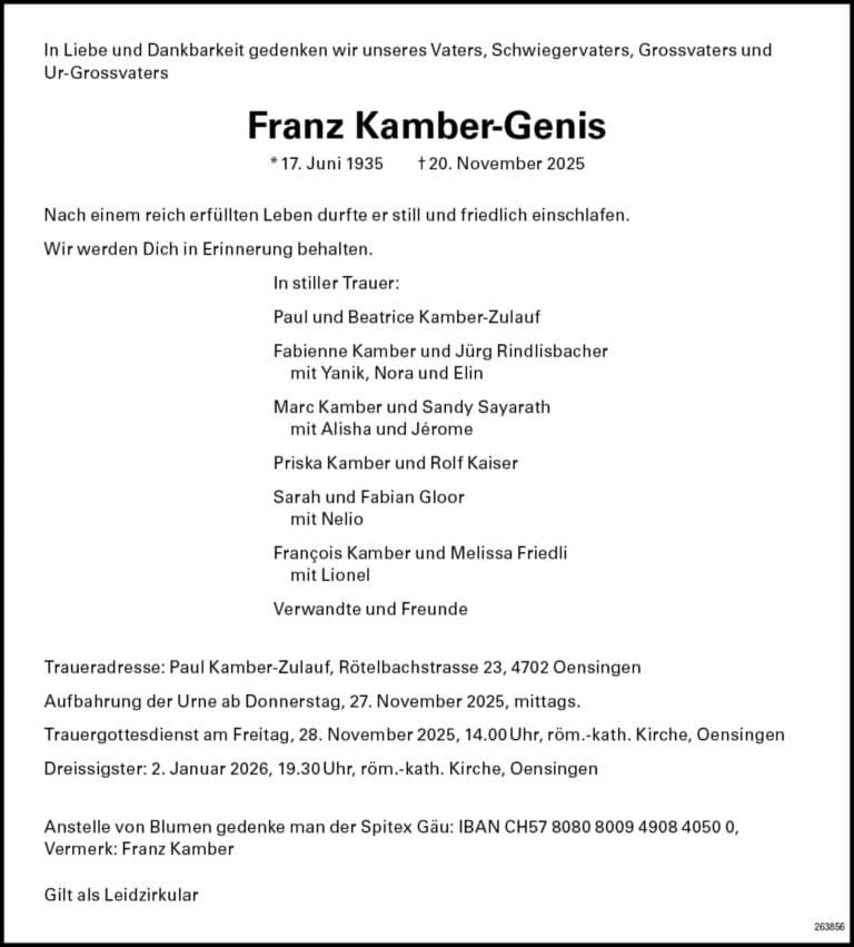 Franz Kamber-Genis 1935 Todesanzeige / Anzeiger Thal Gäu Olten