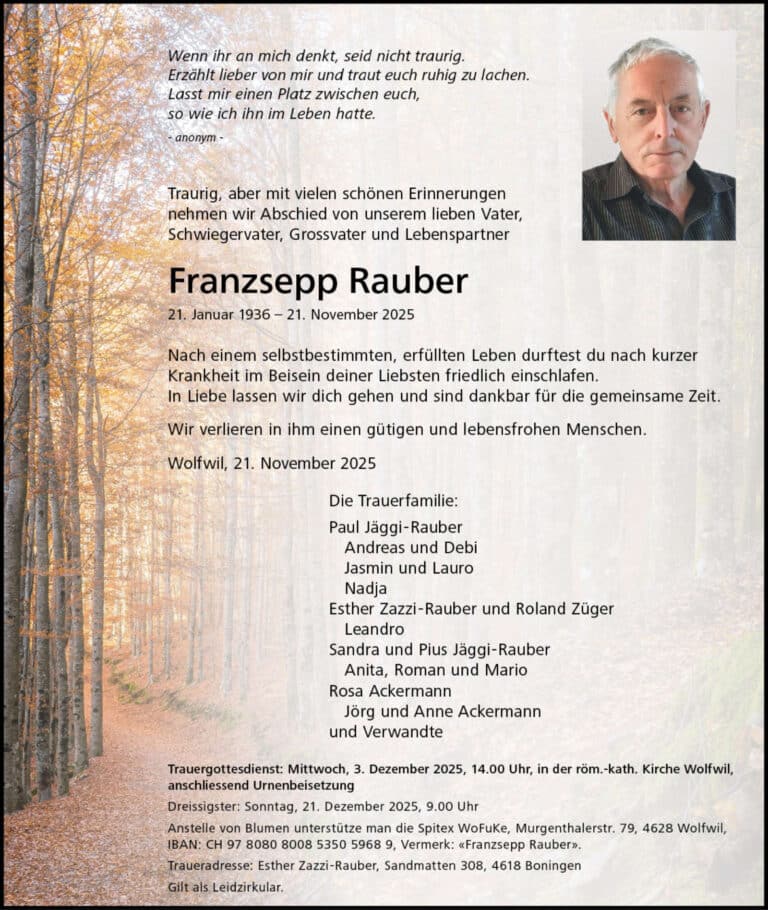 Franzsepp Rauber 1936 Todesanzeige / Anzeiger Thal Gäu Olten