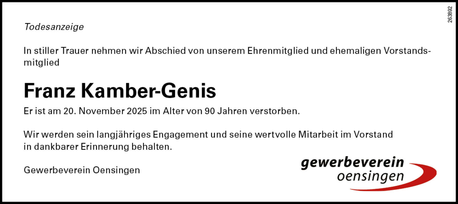 Franz Kamber-Genis 1935 Todesanzeige / Anzeiger Thal Gäu Olten