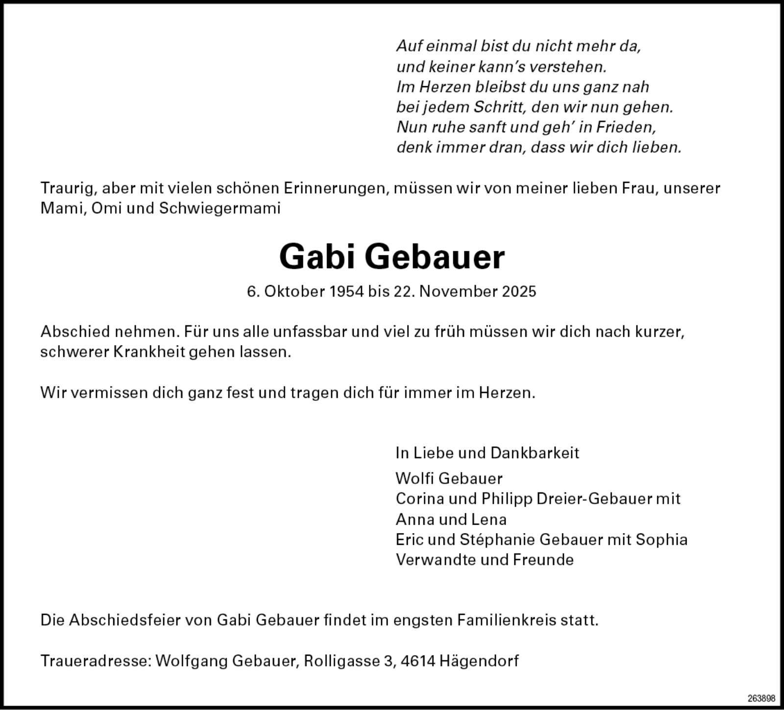 Gabi Gebauer 1954 Todesanzeige / Anzeiger Thal Gäu Olten