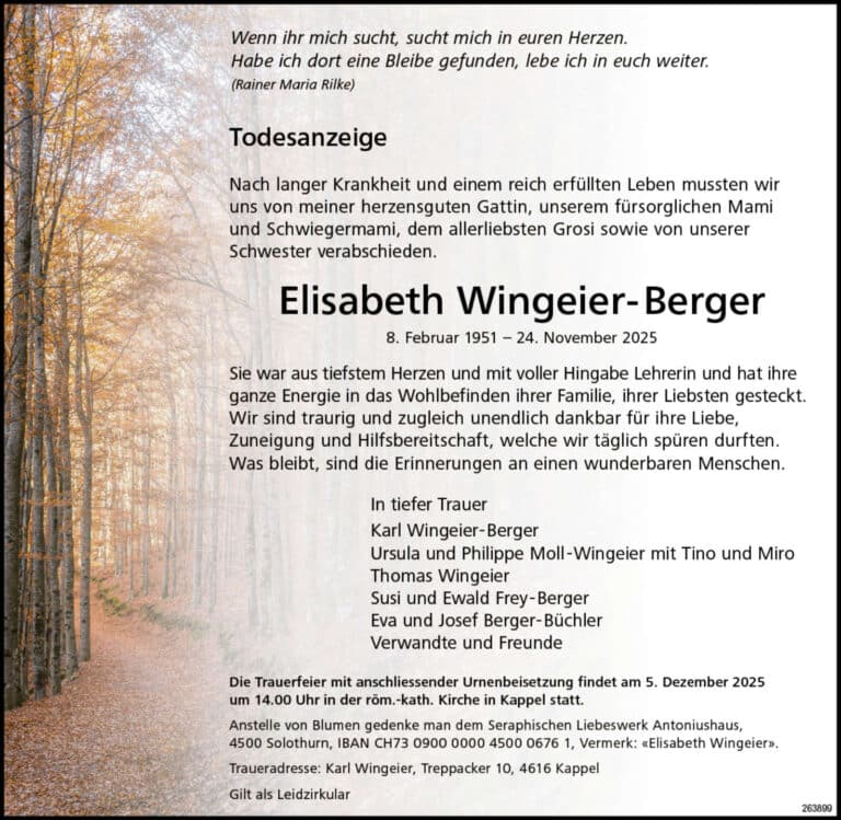 Elisabeth Wingeier-Berger 1951 Todesanzeige / Anzeiger Thal Gäu Olten