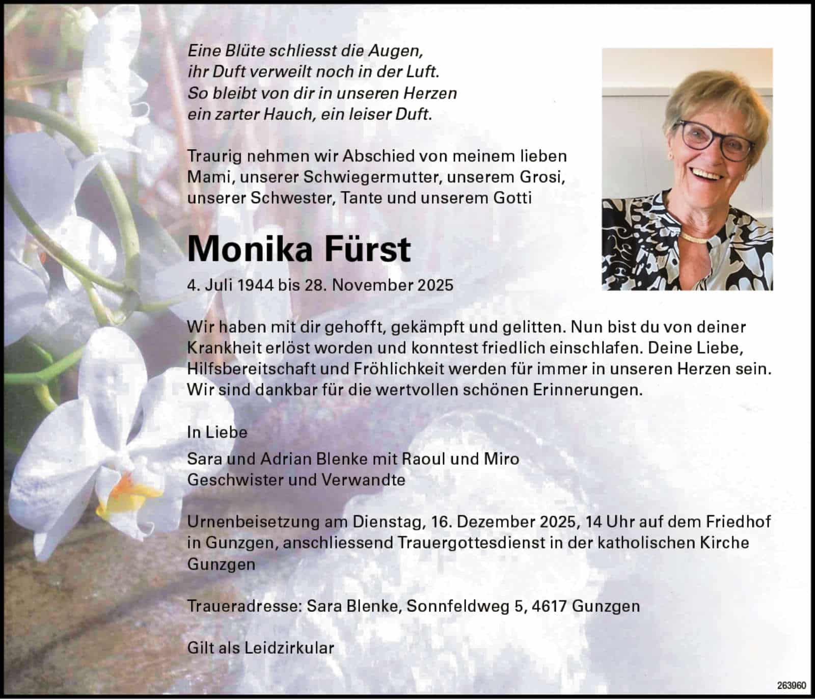 Monika Fürst 1944 Todesanzeige / Anzeiger Thal Gäu Olten