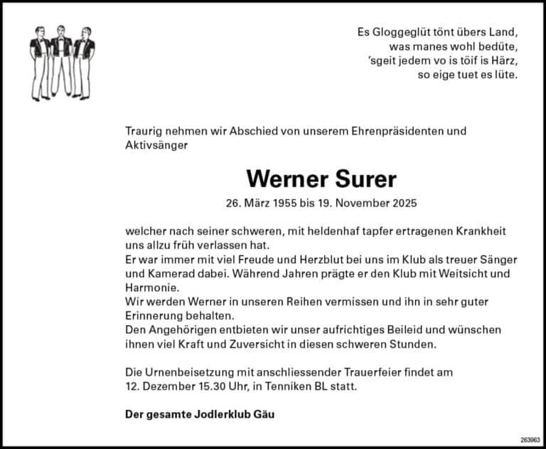 Werner Surer 1955 Todesanzeige / Anzeiger Thal Gäu Olten