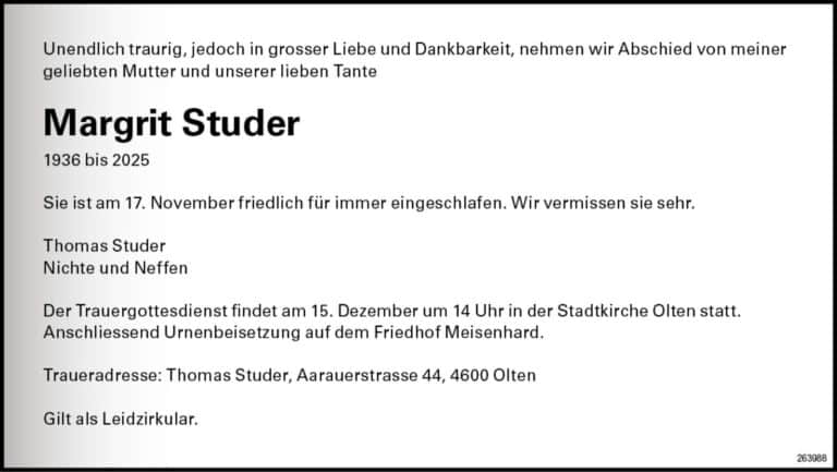 Margrit Studer 1936 Todesanzeige / Anzeiger Thal Gäu Olten