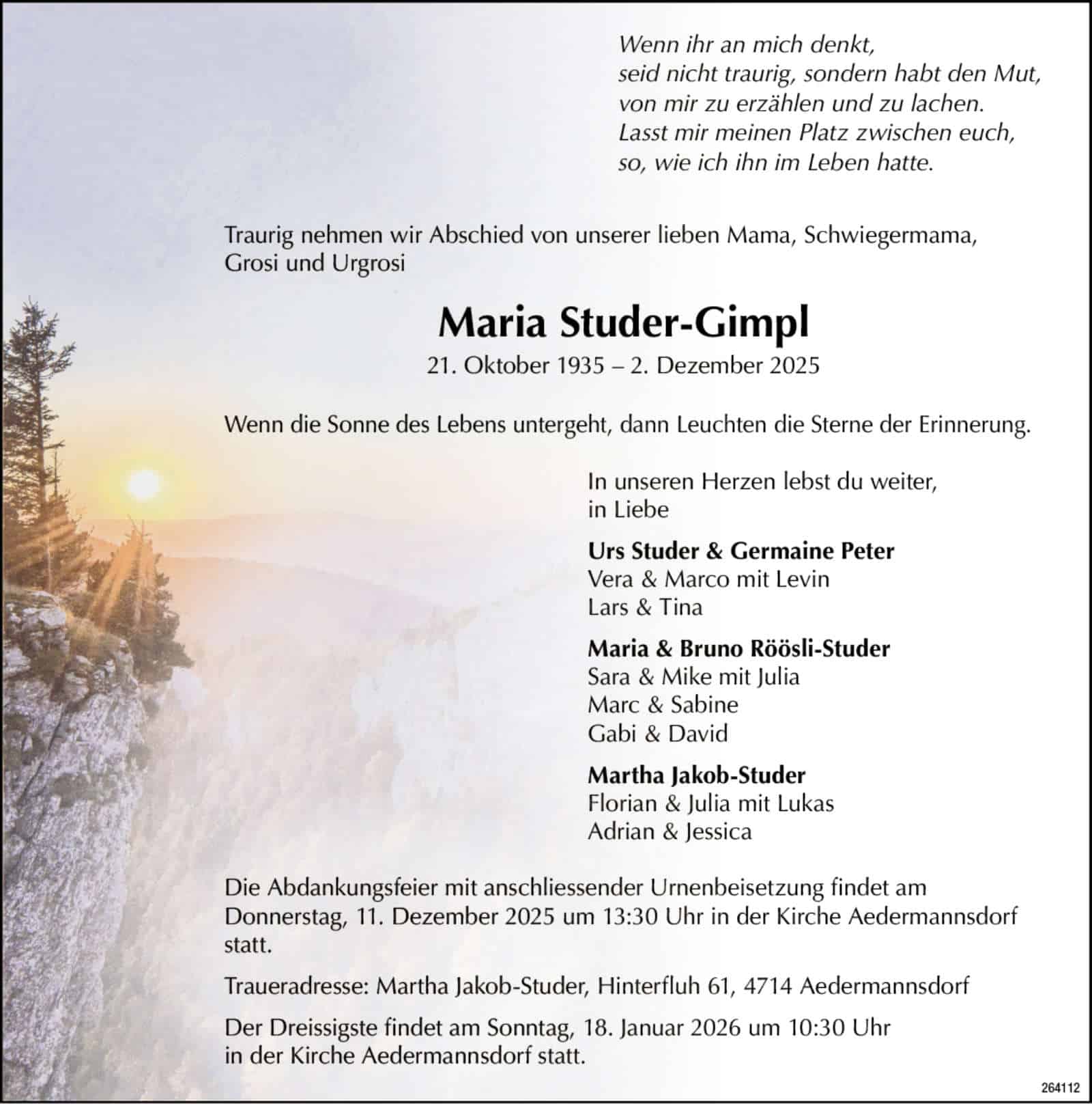 Maria Studer-Gimpl 1935 Todesanzeige / Anzeiger Thal Gäu Olten