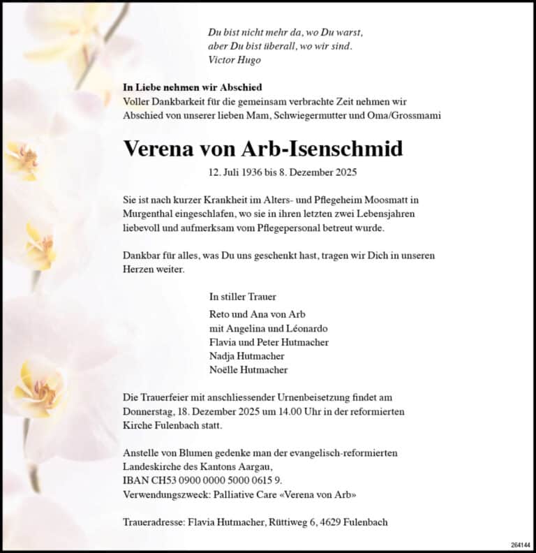 Verena von Arb-Isenschmid 1936 Todesanzeige / Anzeiger Thal Gäu Olten