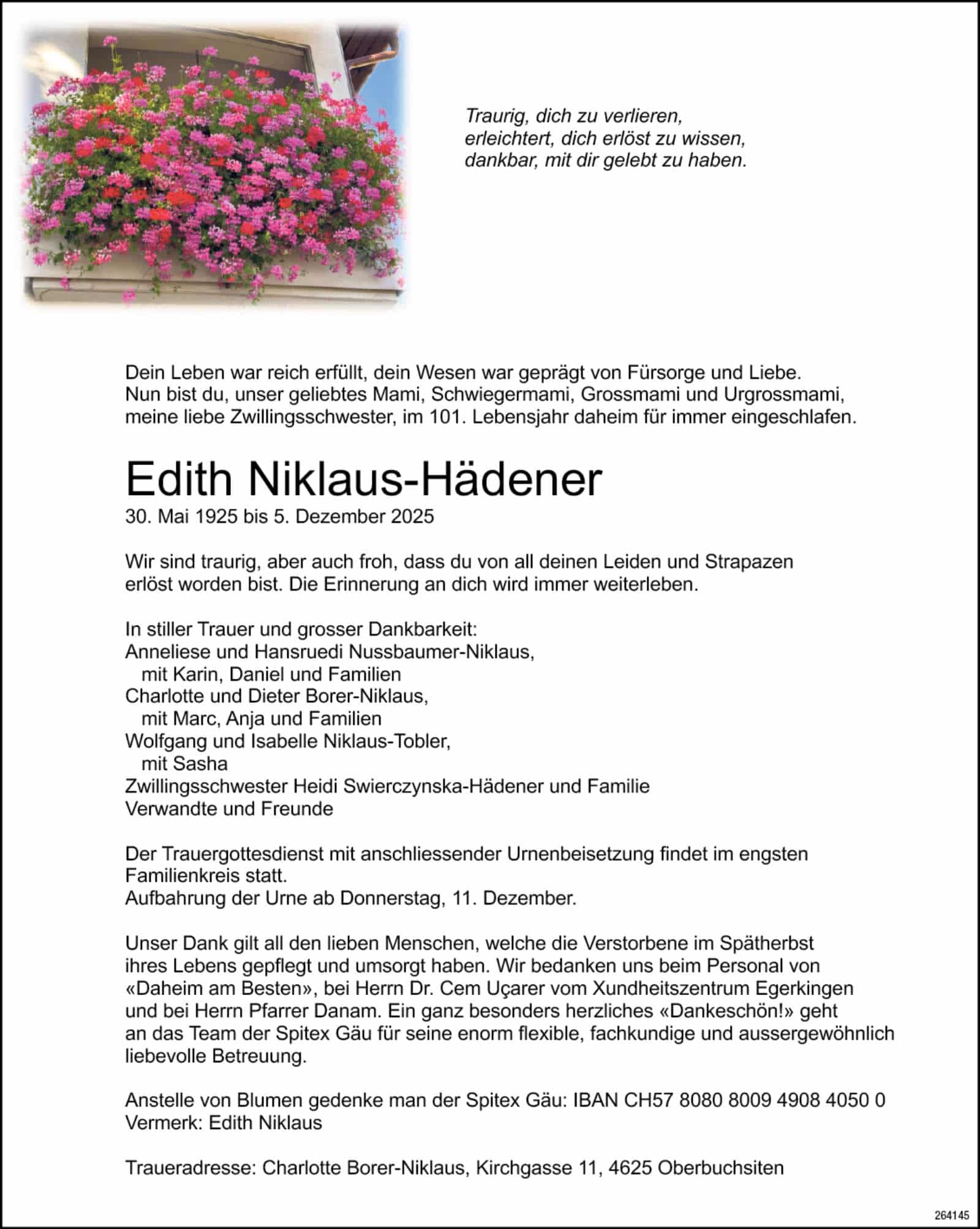 Edith Niklaus-Hädener 1925 Todesanzeige / Anzeiger Thal Gäu Olten