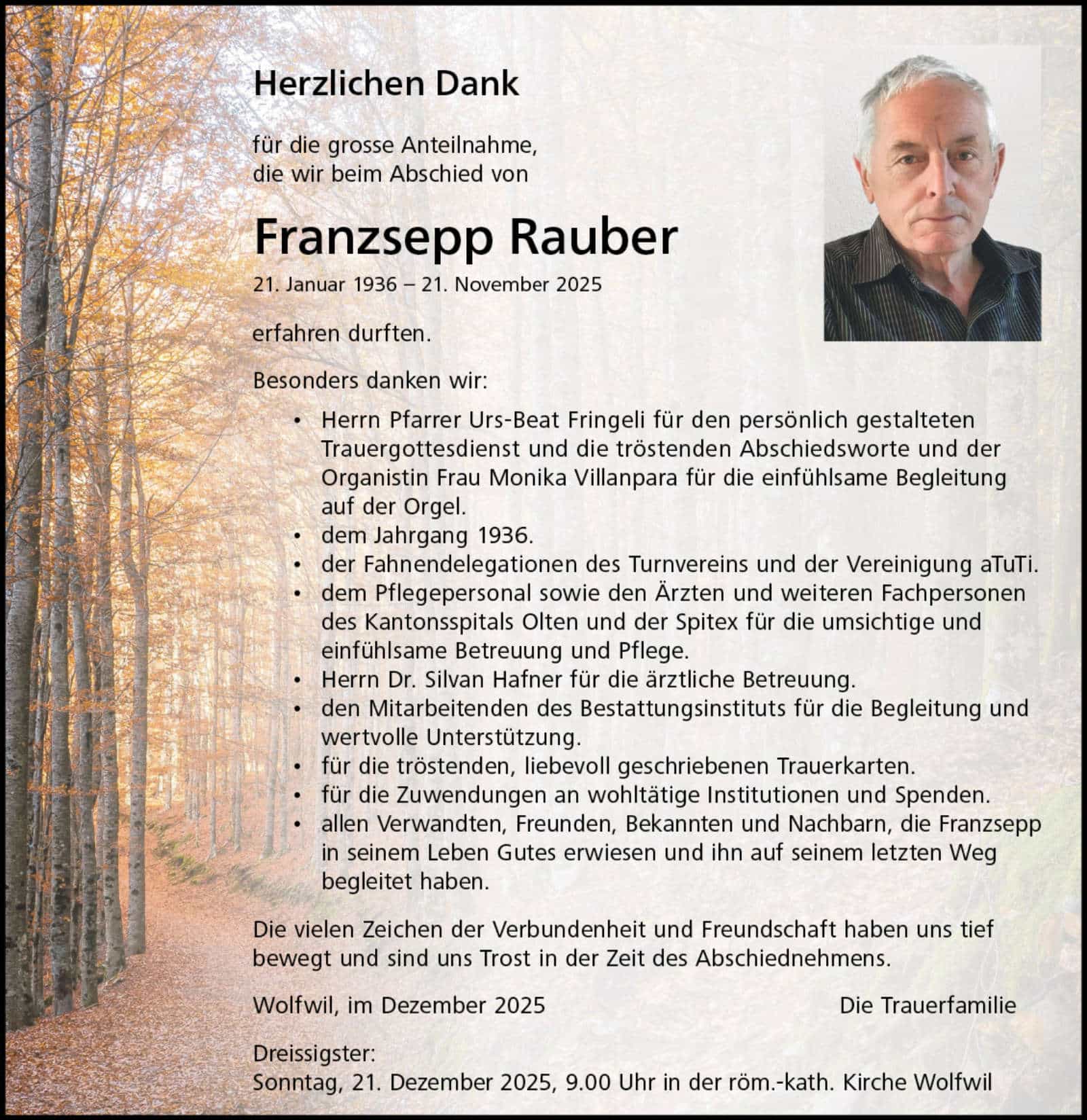 Franzsepp Rauber 1936 Todesanzeige / Anzeiger Thal Gäu Olten