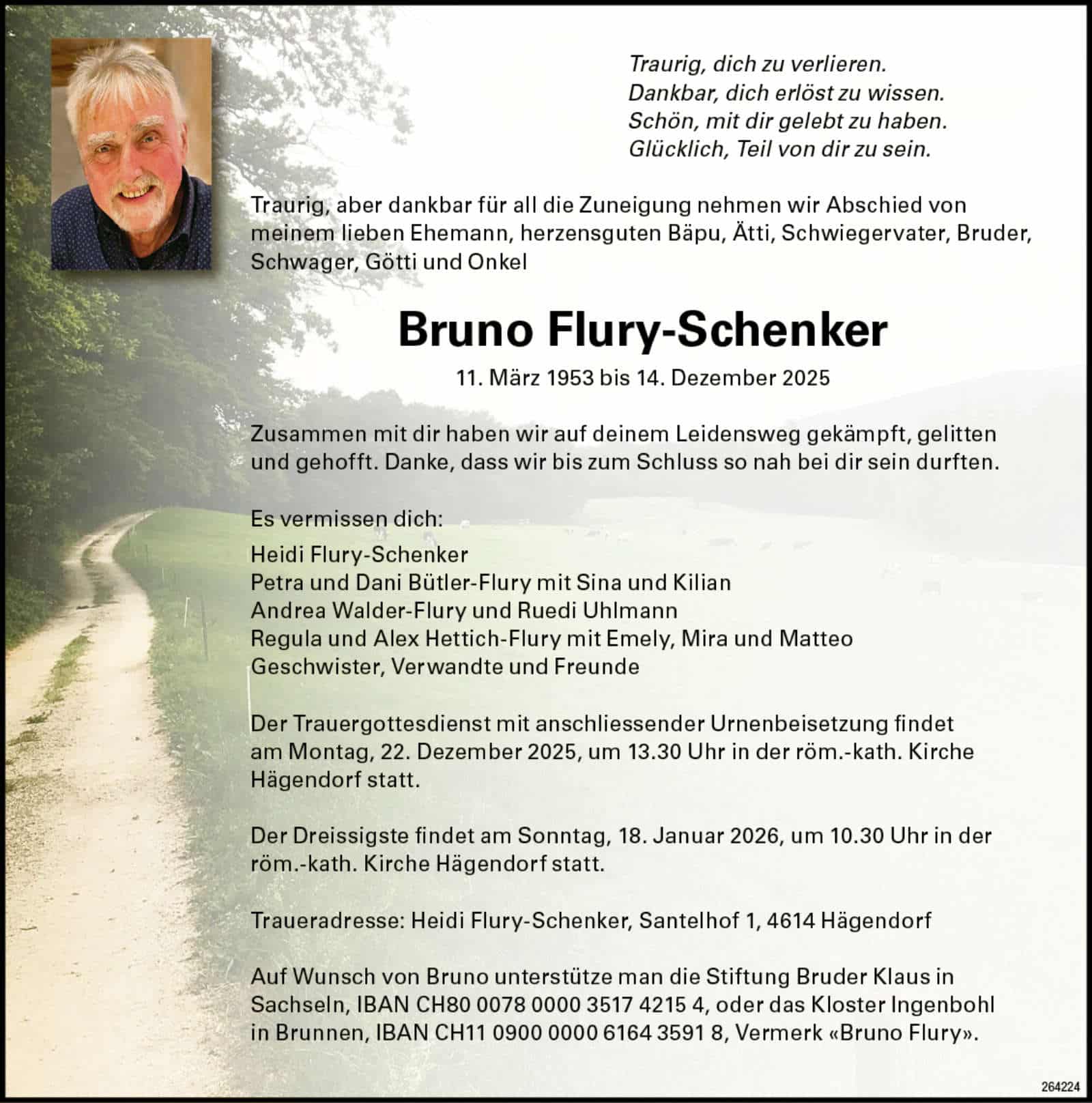 Bruno Flury-Schenker 1953 Todesanzeige / Anzeiger Thal Gäu Olten