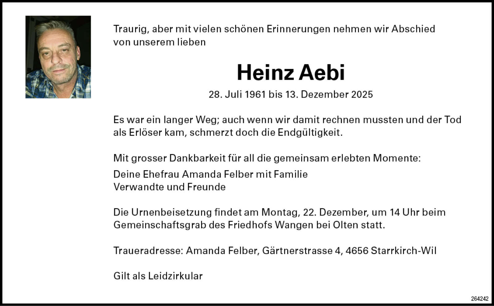 Heinz Aebi 1961 Todesanzeige / Anzeiger Thal Gäu Olten