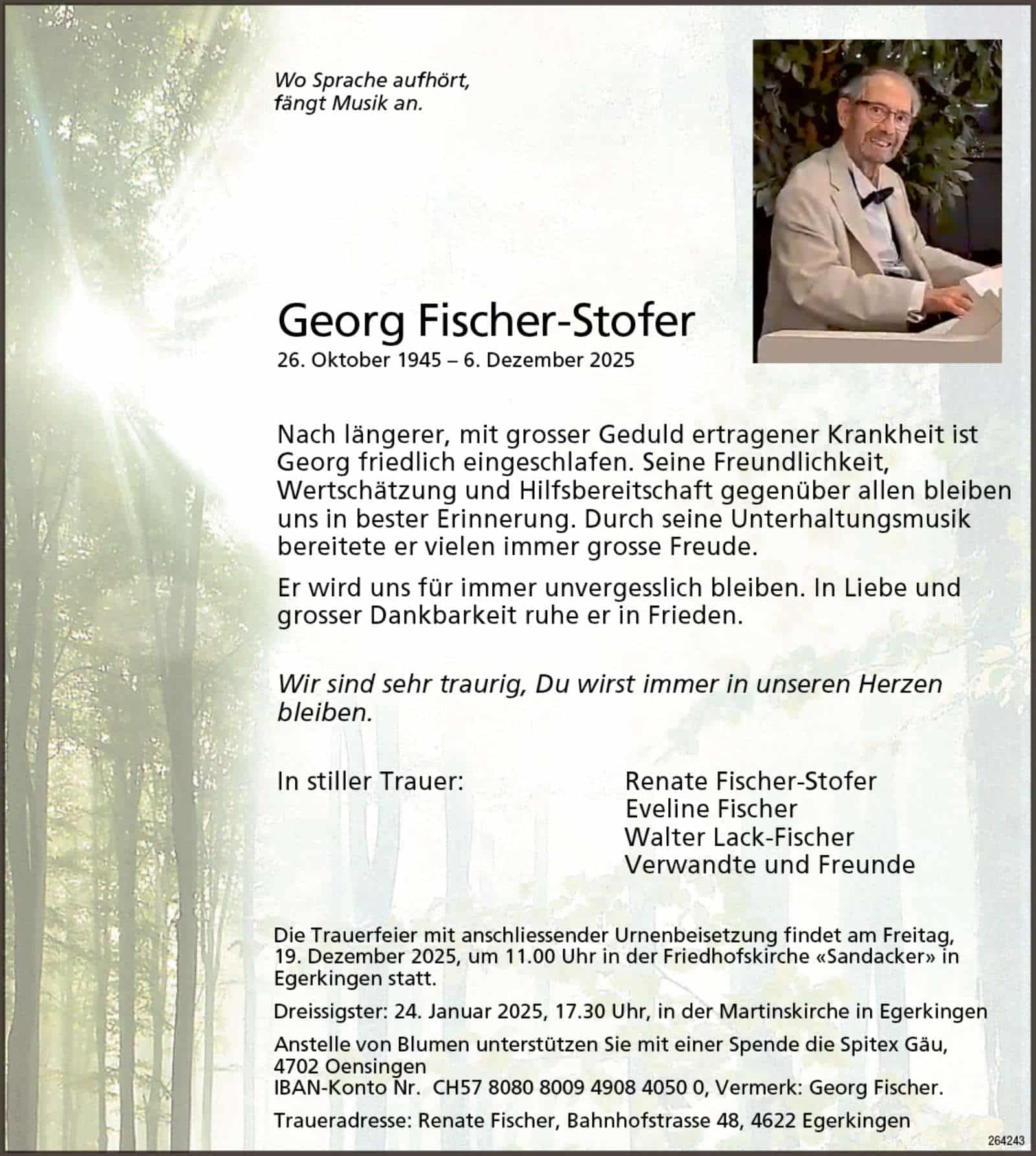 Georg Fischer-Stofer 1945 Todesanzeige / Anzeiger Thal Gäu Olten