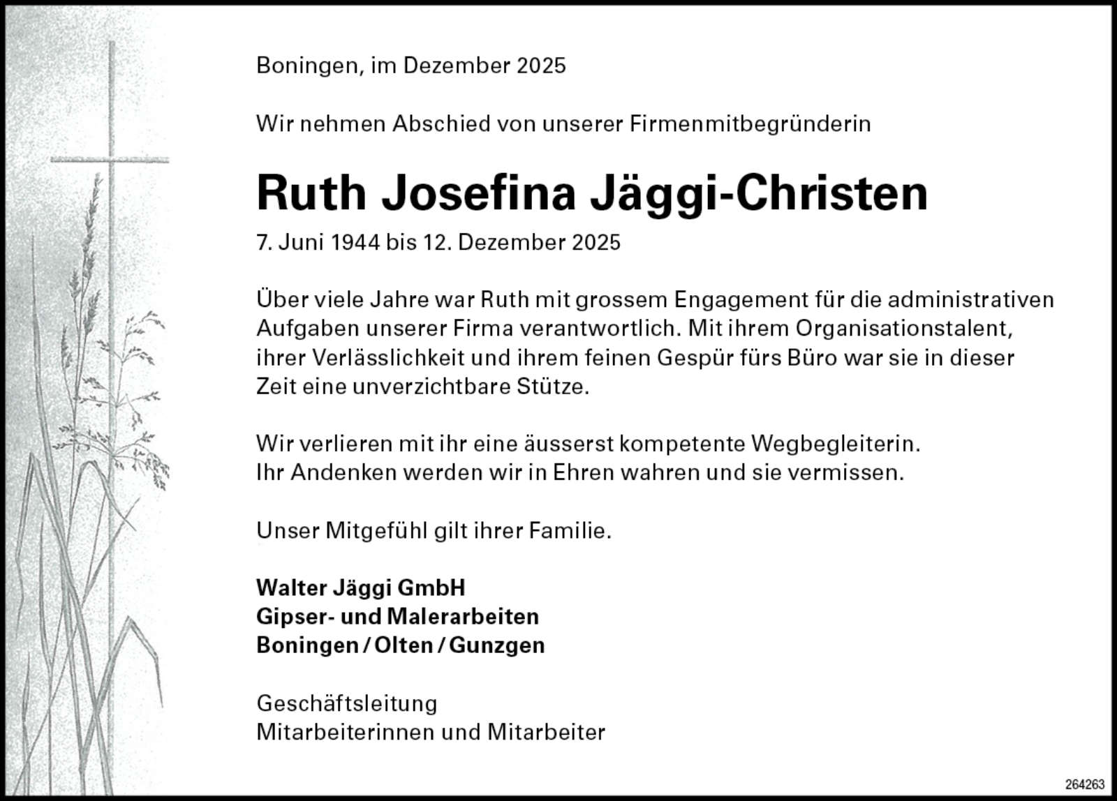 Ruth Josefina Jäggi-Christen 1944 Todesanzeige / Anzeiger Thal Gäu Olten