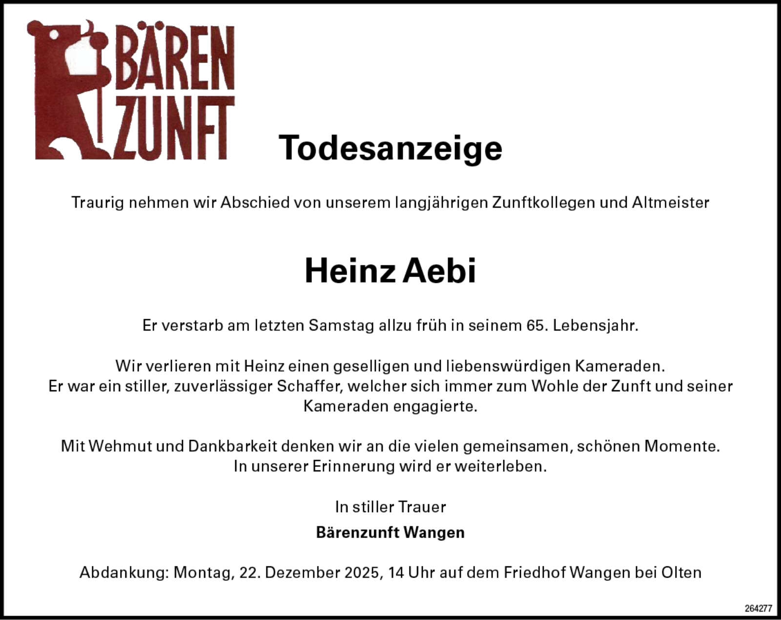 Heinz Aebi Todesanzeige / Anzeiger Thal Gäu Olten