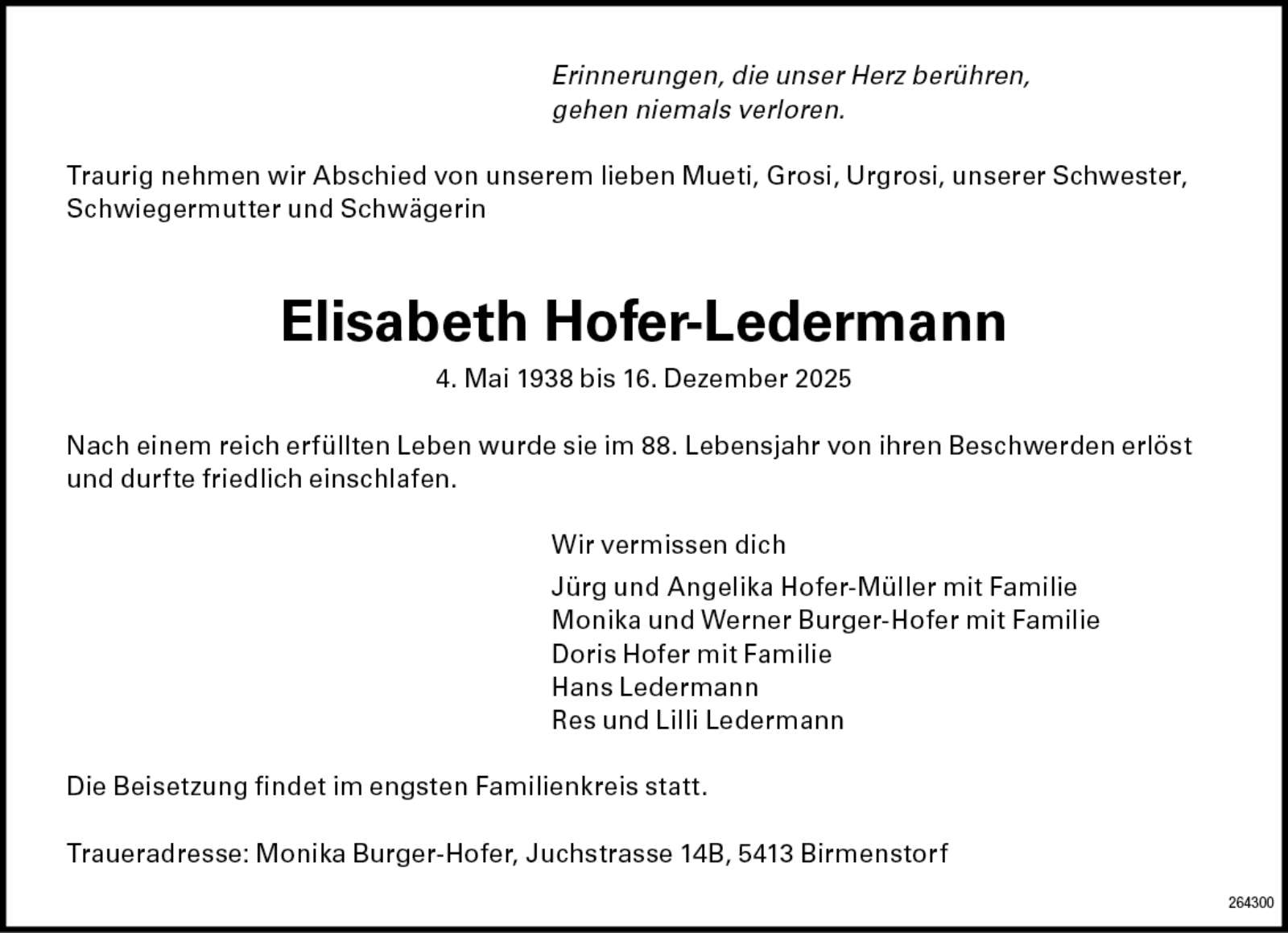 Elisabeth Hofer-Ledermann 1938 Todesanzeige / Anzeiger Thal Gäu Olten