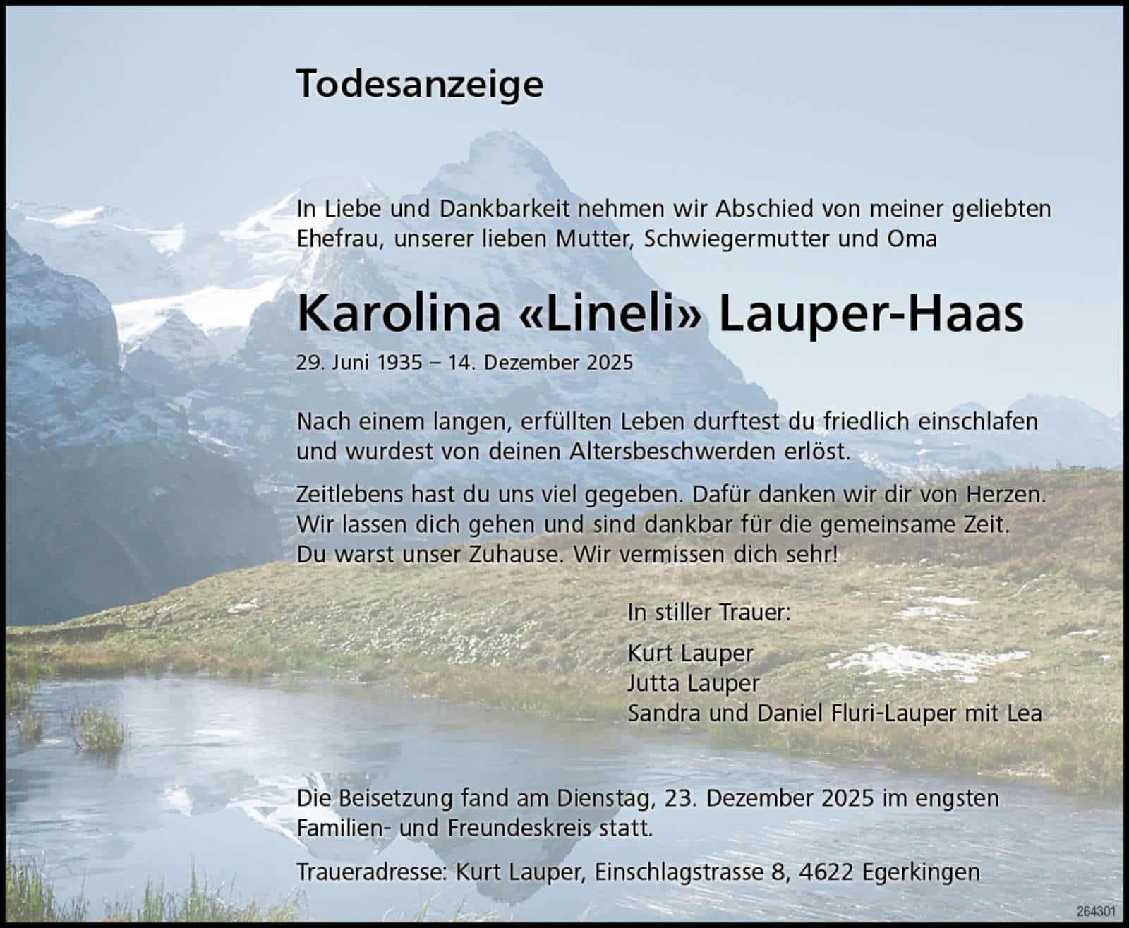 Karolina Lauper-Haas 1935 Todesanzeige / Anzeiger Thal Gäu Olten