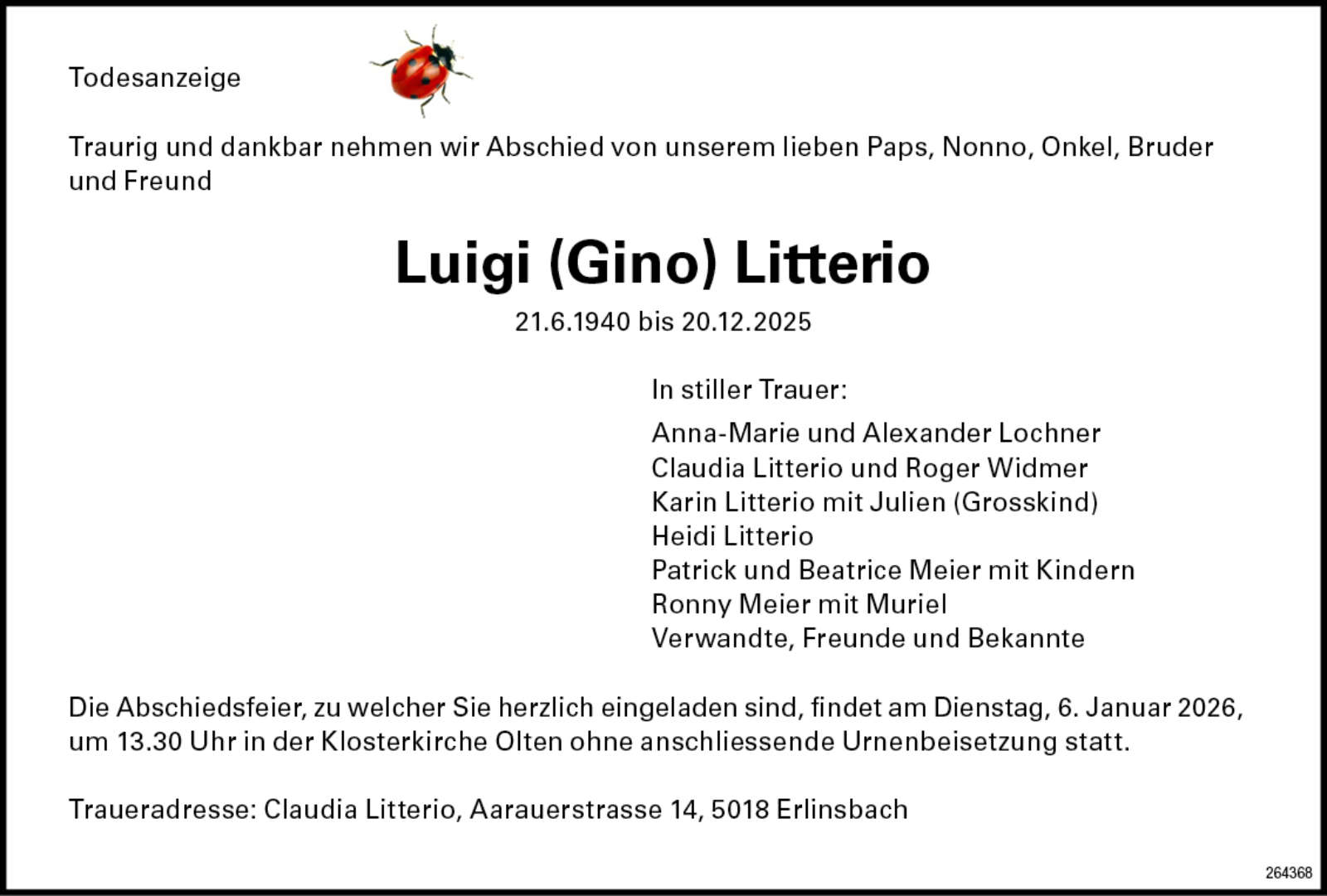 Luigi Litterio 1940 Todesanzeige / Anzeiger Thal Gäu Olten