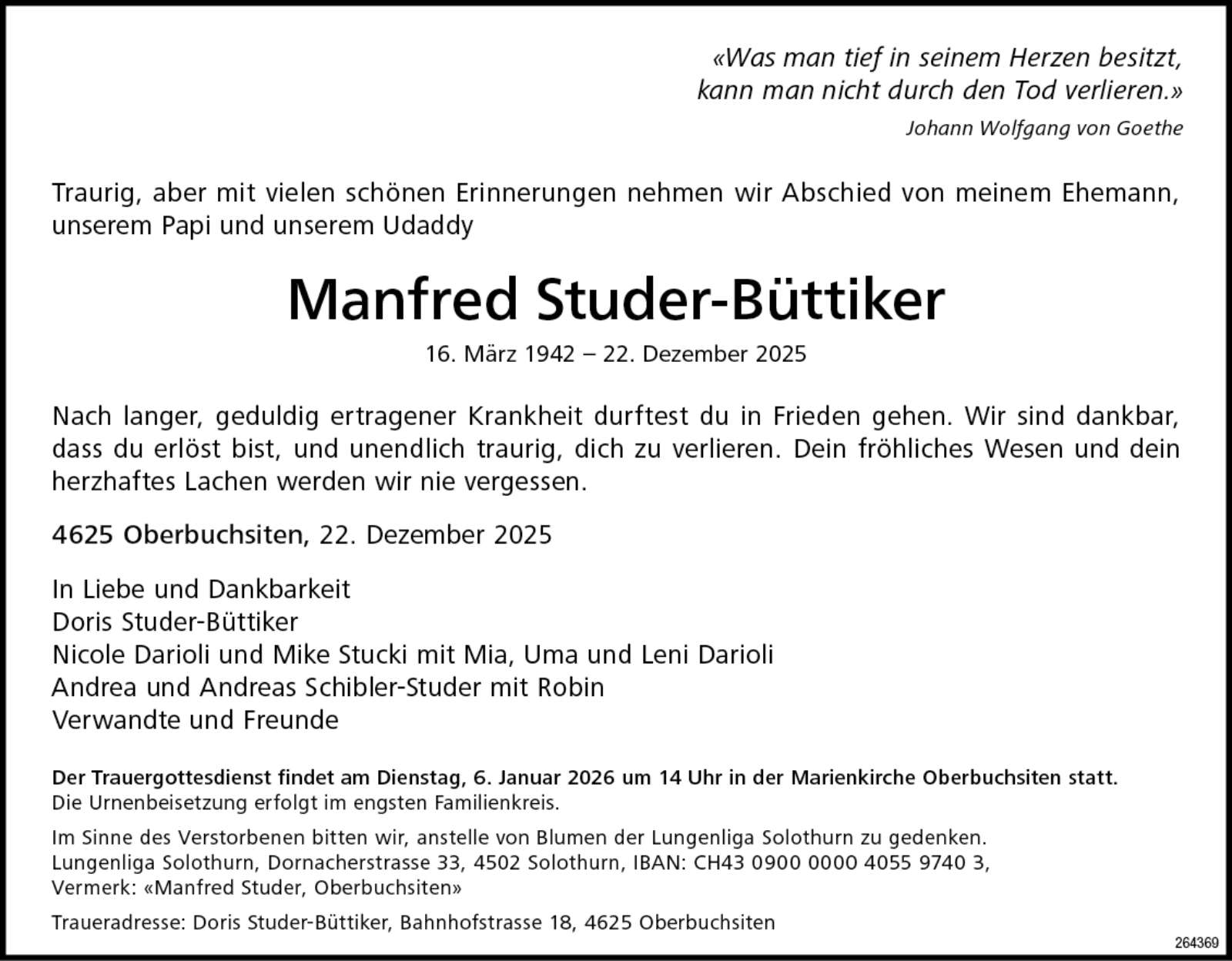 Manfred Studer-Büttiker 1942 Todesanzeige / Anzeiger Thal Gäu Olten