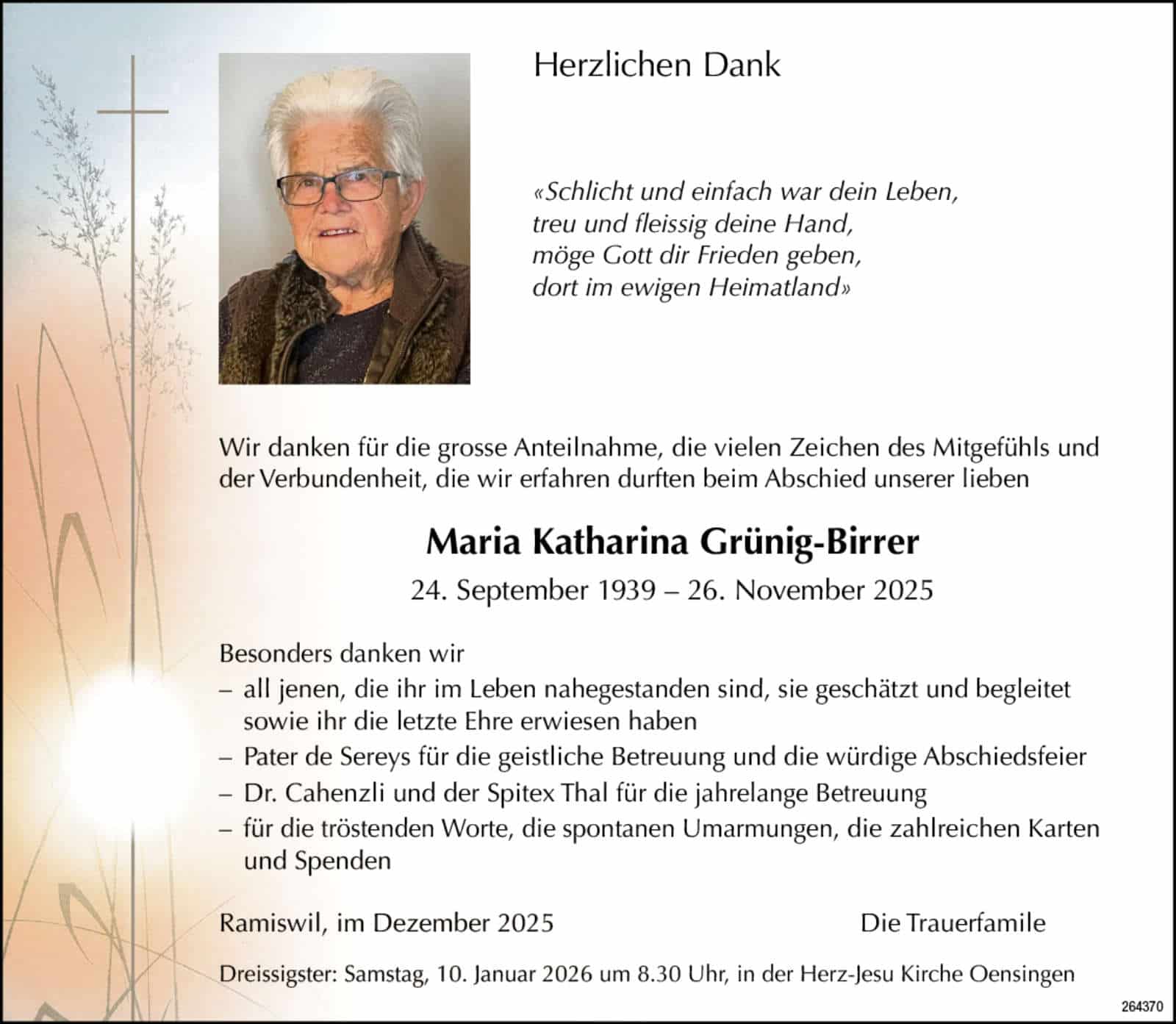 Maria Katharina Grünig-Birrer 1939 Todesanzeige / Anzeiger Thal Gäu Olten