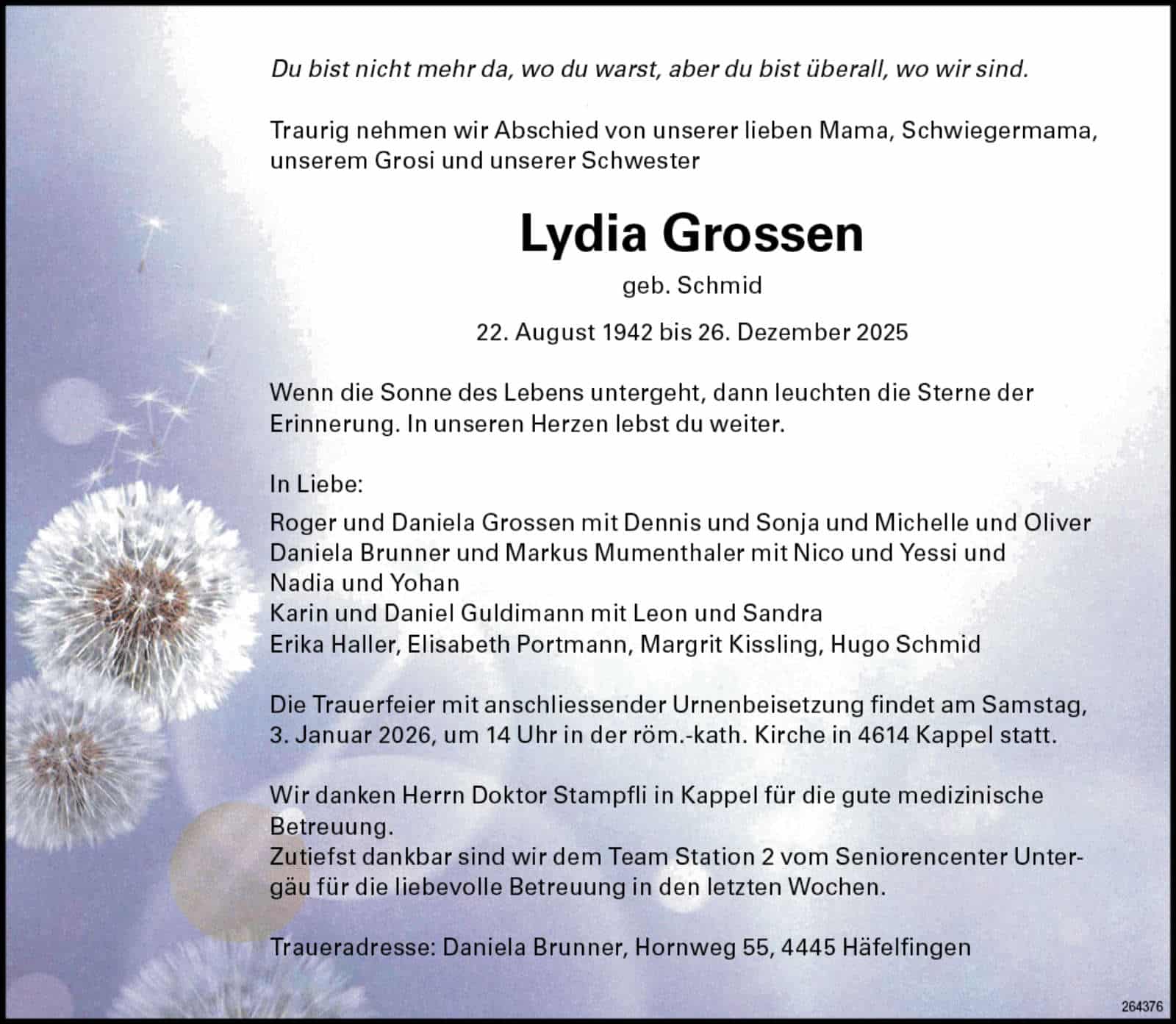 Lydia Grossen 1942 Todesanzeige / Anzeiger Thal Gäu Olten