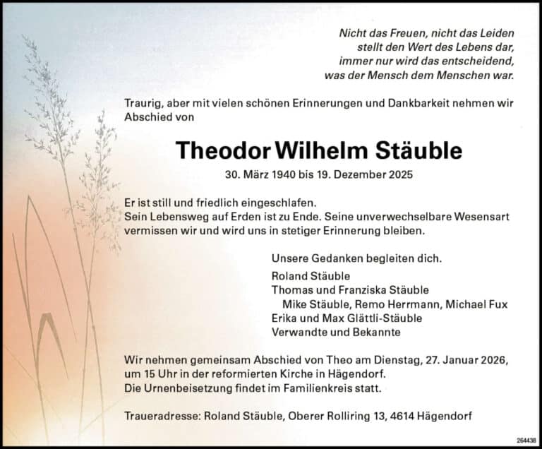 Theodor Wilhelm Stäuble 1940 Todesanzeige / Anzeiger Thal Gäu Olten
