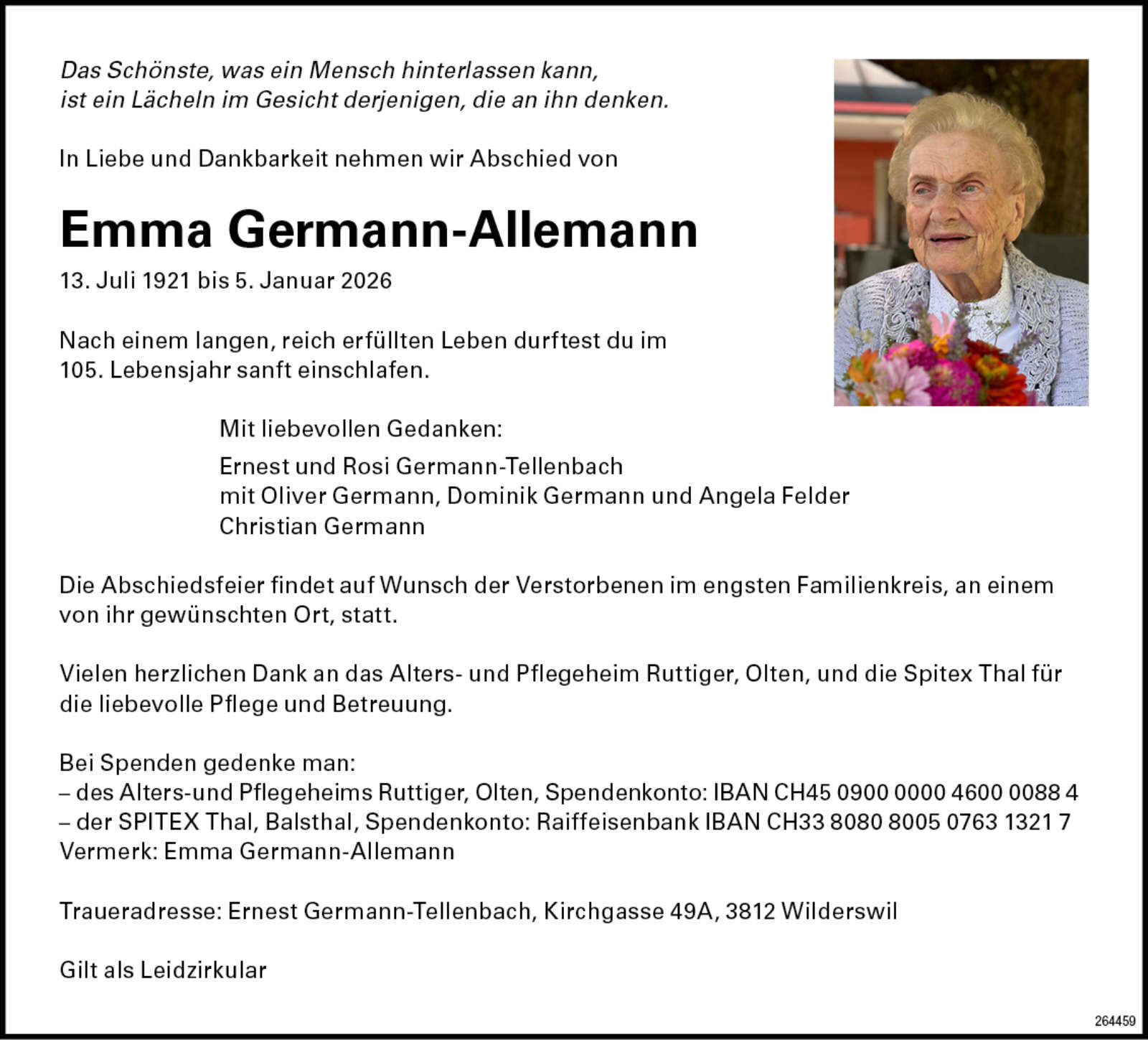Emma Germann-Allemann 1921 Todesanzeige / Anzeiger Thal Gäu Olten