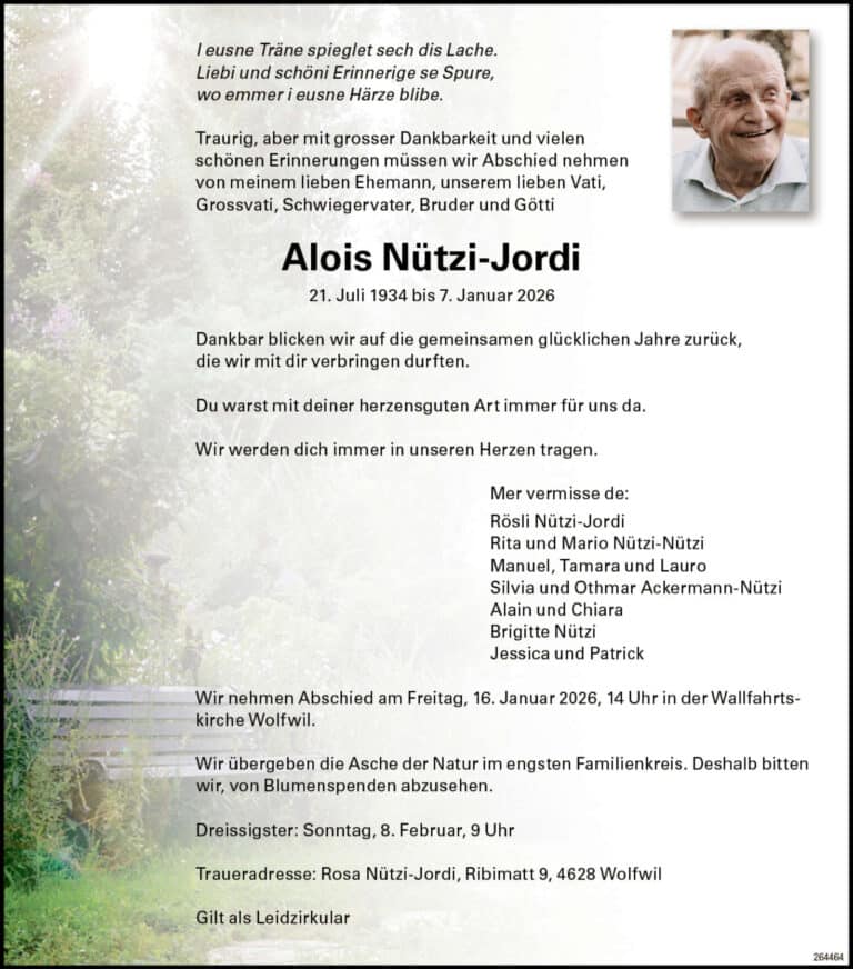 Alois Nützi-Jordi 1934 Todesanzeige / Anzeiger Thal Gäu Olten