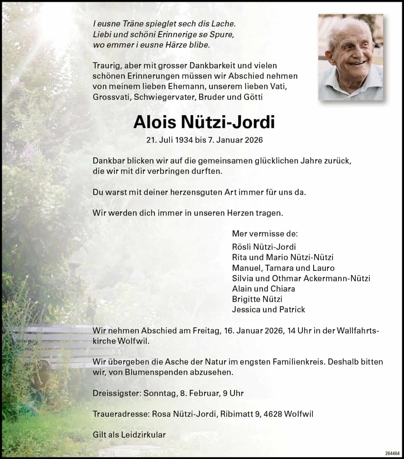 Alois Nützi-Jordi 1934 Todesanzeige / Anzeiger Thal Gäu Olten