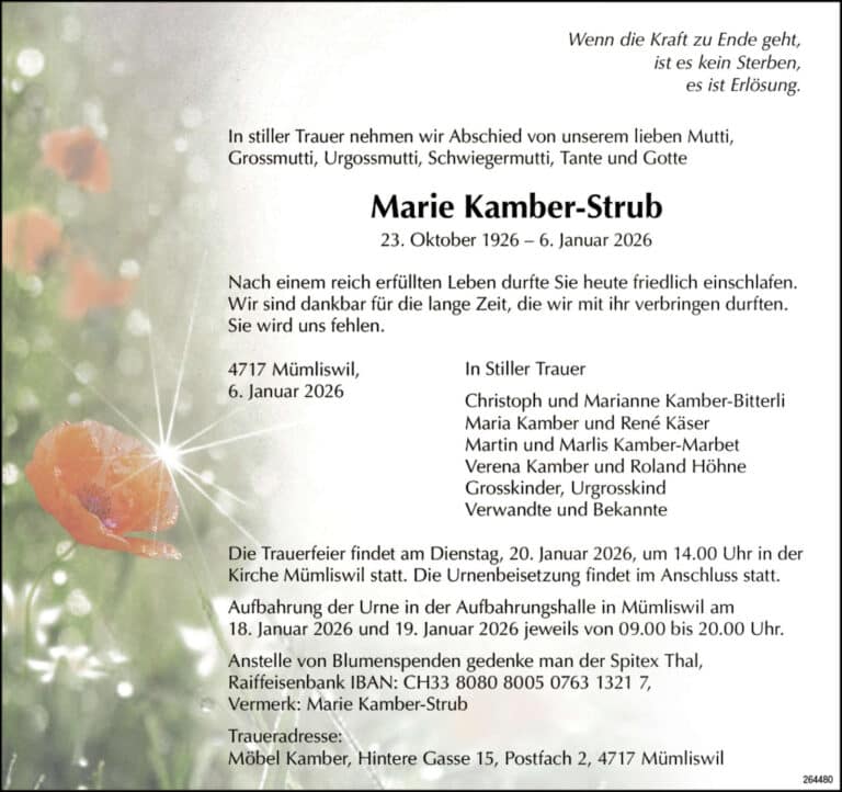 Marie Kamber-Strub 1926 Todesanzeige / Anzeiger Thal Gäu Olten