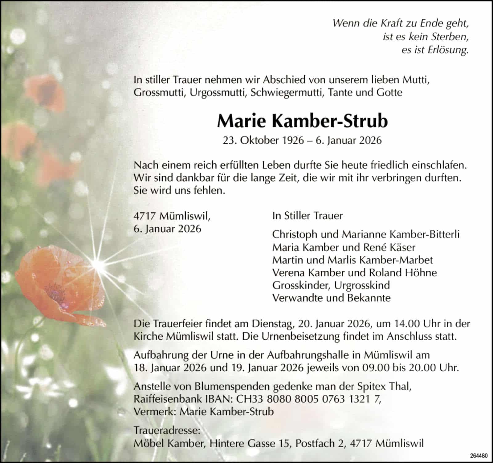 Marie Kamber-Strub 1926 Todesanzeige / Anzeiger Thal Gäu Olten