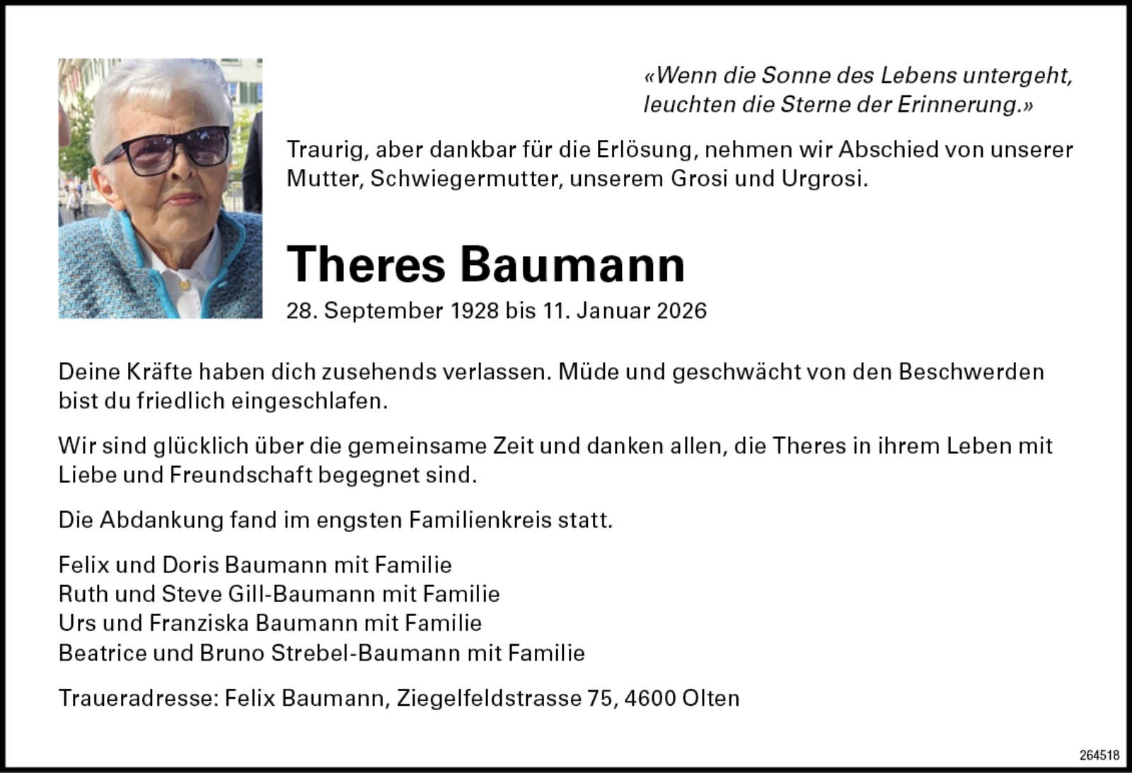 Theres Baumann 1928 Todesanzeige / Anzeiger Thal Gäu Olten