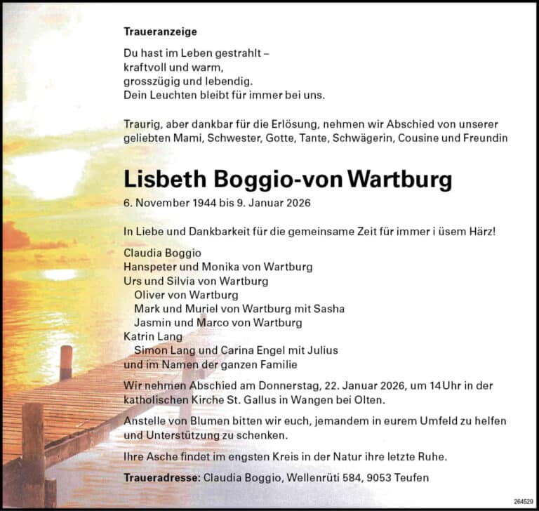 Lisbeth Boggio-von Wartburg 1944 Todesanzeige / Anzeiger Thal Gäu Olten