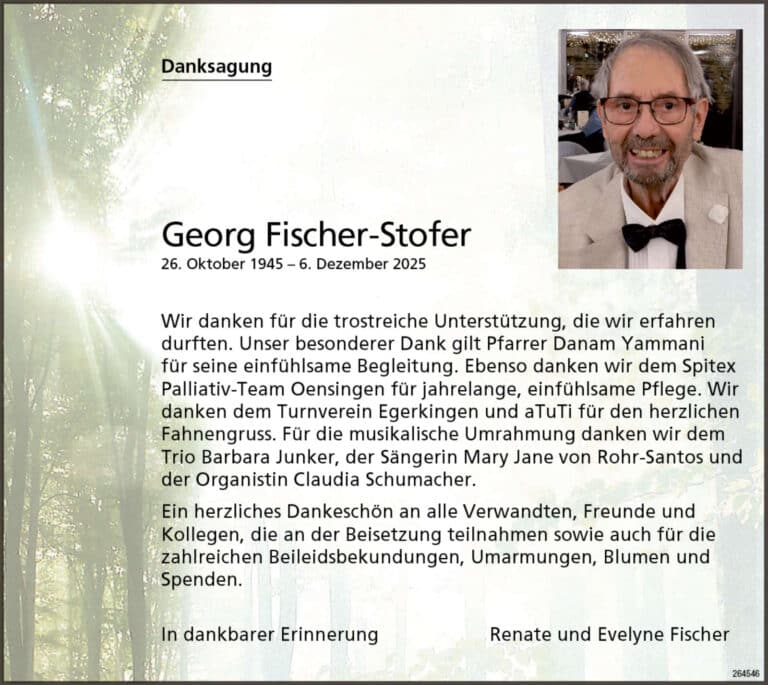 Georg Fischer-Stofer 1945 Todesanzeige / Anzeiger Thal Gäu Olten